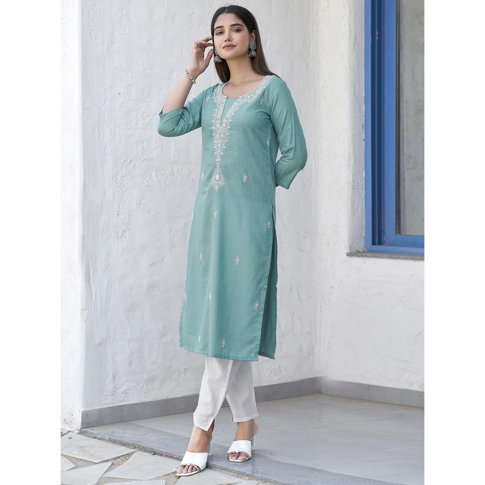 Sanisa Women's Cotton Blend Chikankari Embroidered Straight Kurti (473K10013N-XXL_Turquoise)