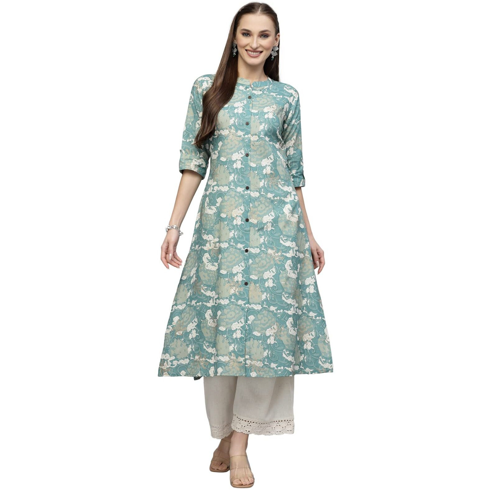 Stylum Women's Printed Rayon A-Line Kurta (PINESHARK44_Turquoise, XXL)