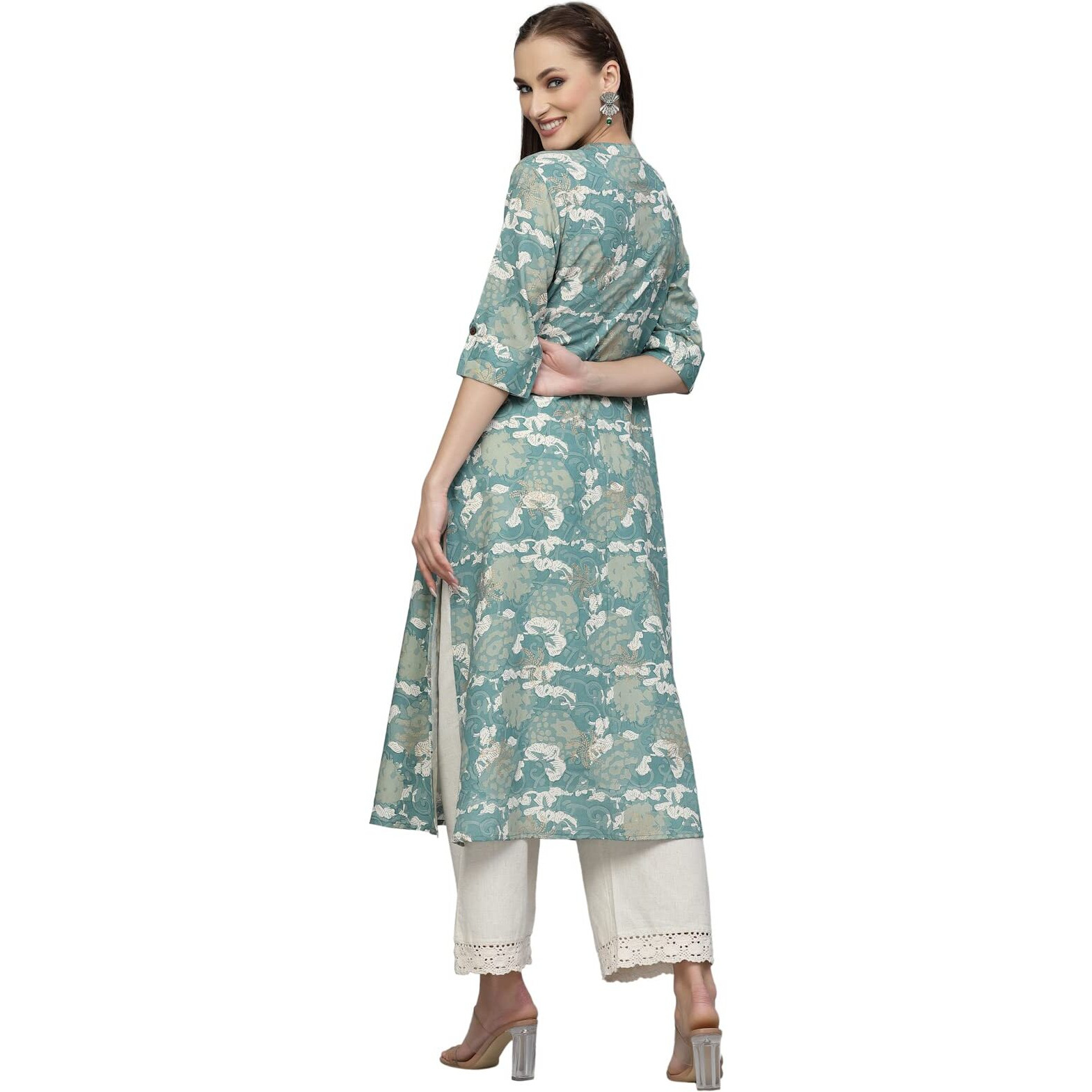 Stylum Women's Printed Rayon A-Line Kurta (PINESHARK44_Turquoise, XXL)