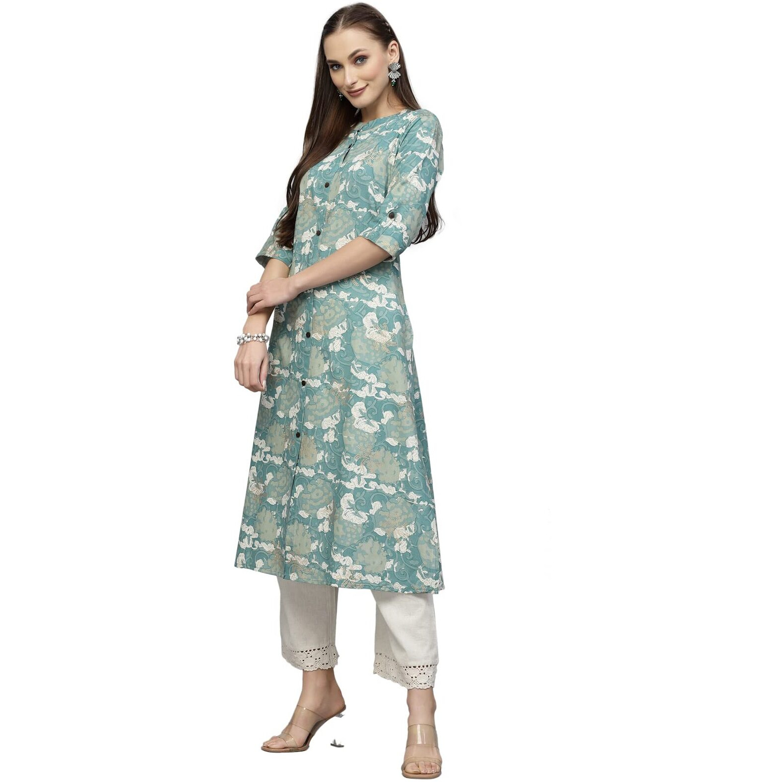 Stylum Women's Printed Rayon A-Line Kurta (PINESHARK44_Turquoise, XXL)