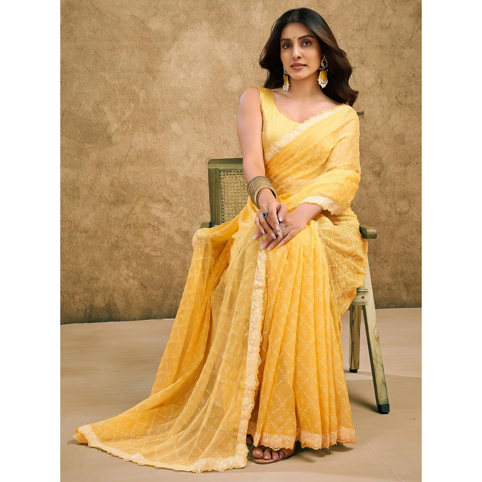 Satrani Women's Chiffon Printed Saree with Unstitched Blouse Piece (4011S6288N_Light Yellow)