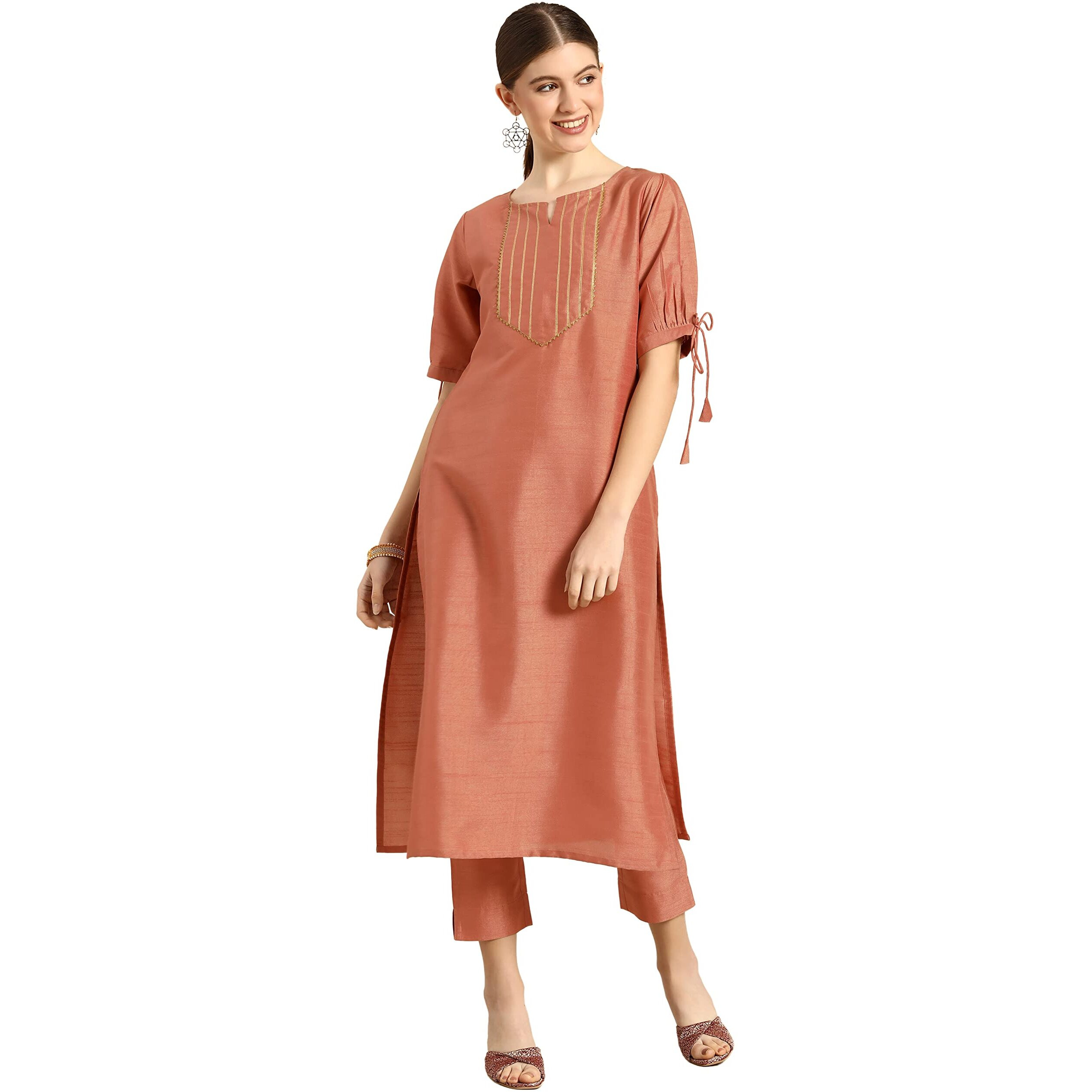 Janasya Women's Peach Poly Silk Embellished Kurta with Pant(SET324-KR-NP-J-XXXL)