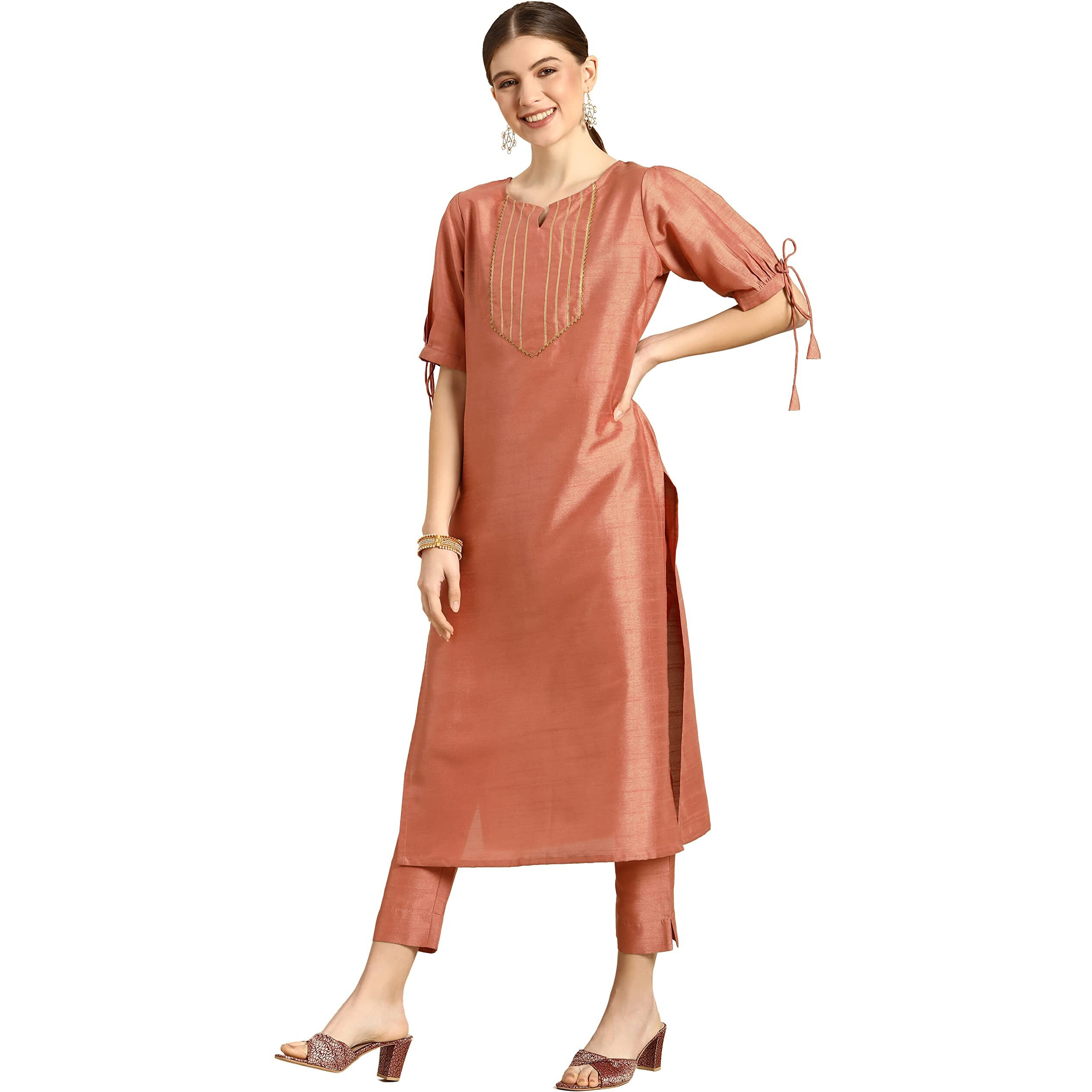 Janasya Women's Peach Poly Silk Embellished Kurta with Pant(SET324-KR-NP-J-XXXL)