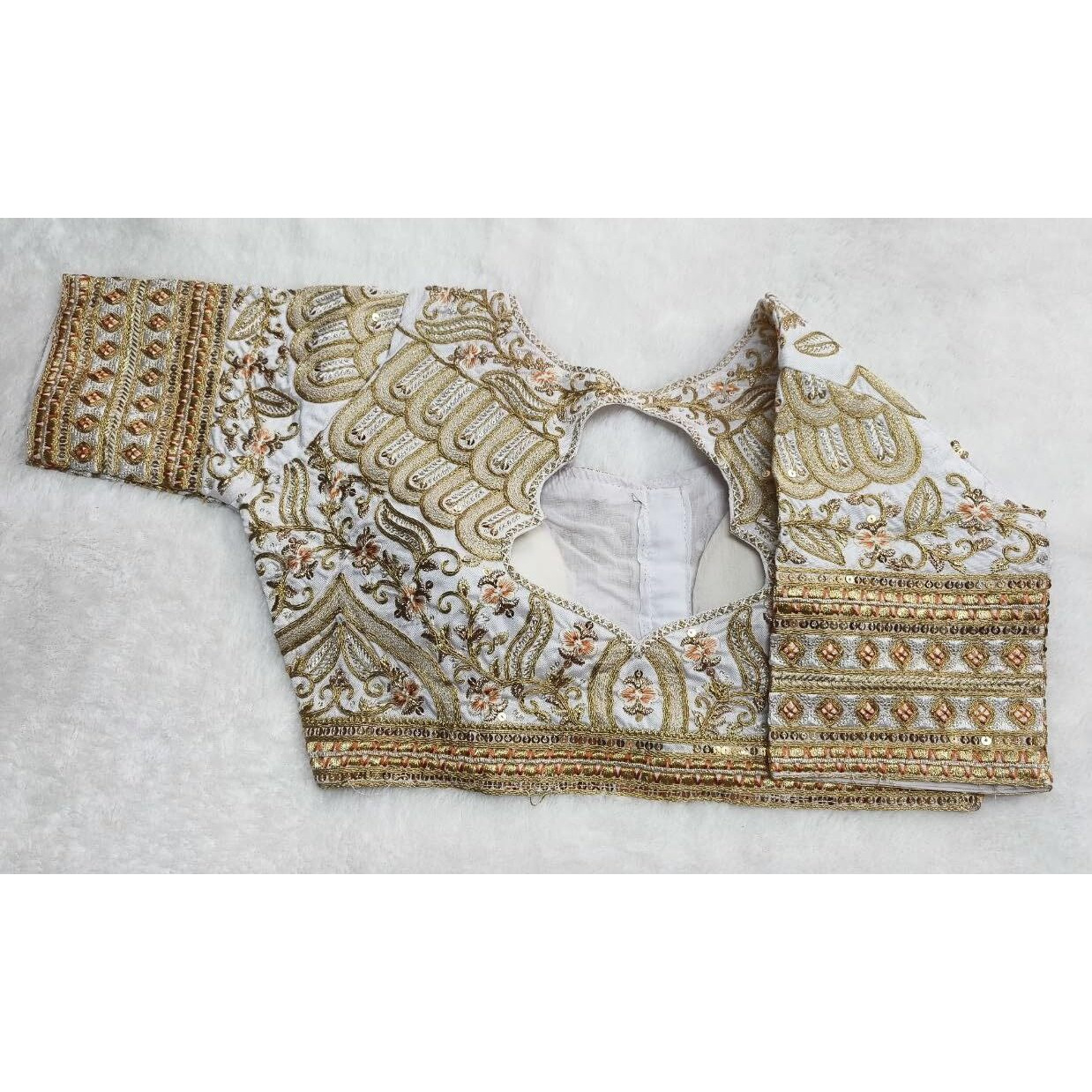 Pujia Mills Women's Readymade Heavy codding Embroidered Blouse Elbow Length Sleeve Cutwork Blouse Readymade Heavy Bridal Blouse for Plazzo Lehenga Choli and paired with Pants