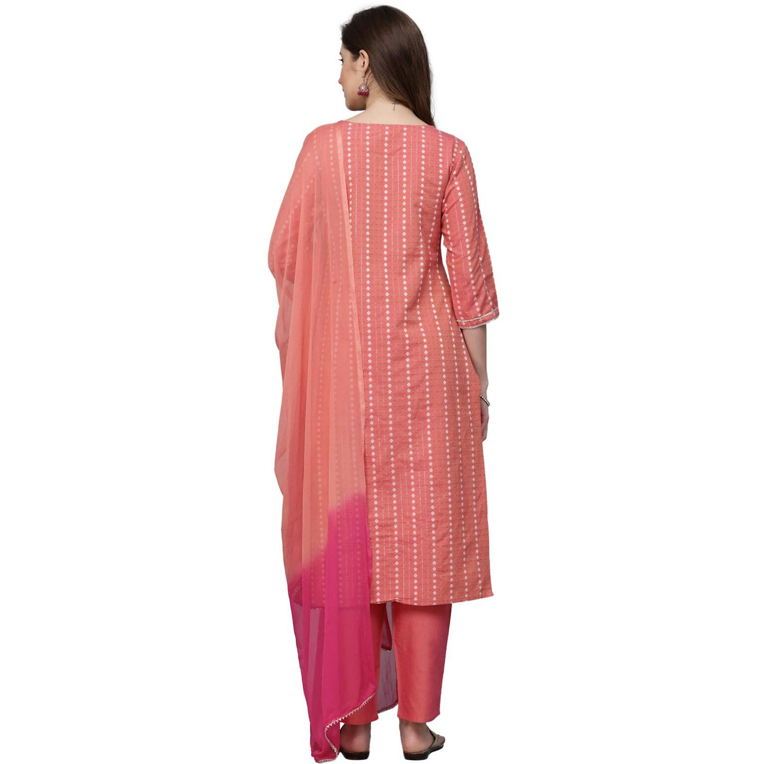 Stylum Women's Woven Design & Embroidered Cotton Blend Straight Kurta with Pant & Dupatta (KPDCORALFOX38_Coral, M)
