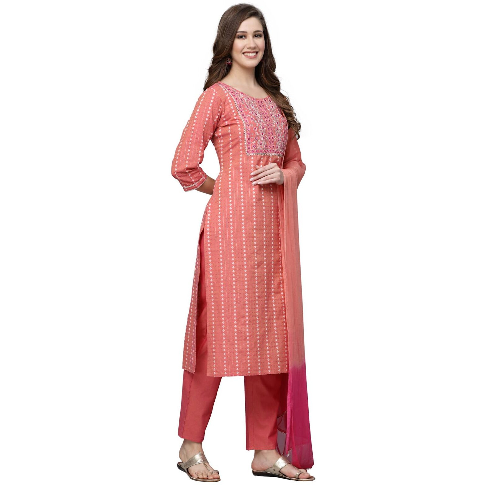 Stylum Women's Woven Design & Embroidered Cotton Blend Straight Kurta with Pant & Dupatta (KPDCORALFOX38_Coral, M)
