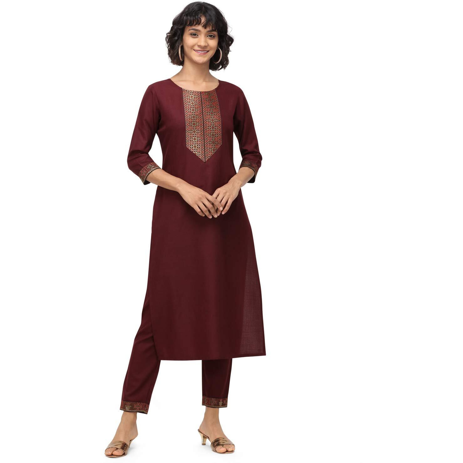 NAINVISH Women's Cotton Blend A-Line Embellished Kurti Pant with Dupatta (SD096-L_Maroon)