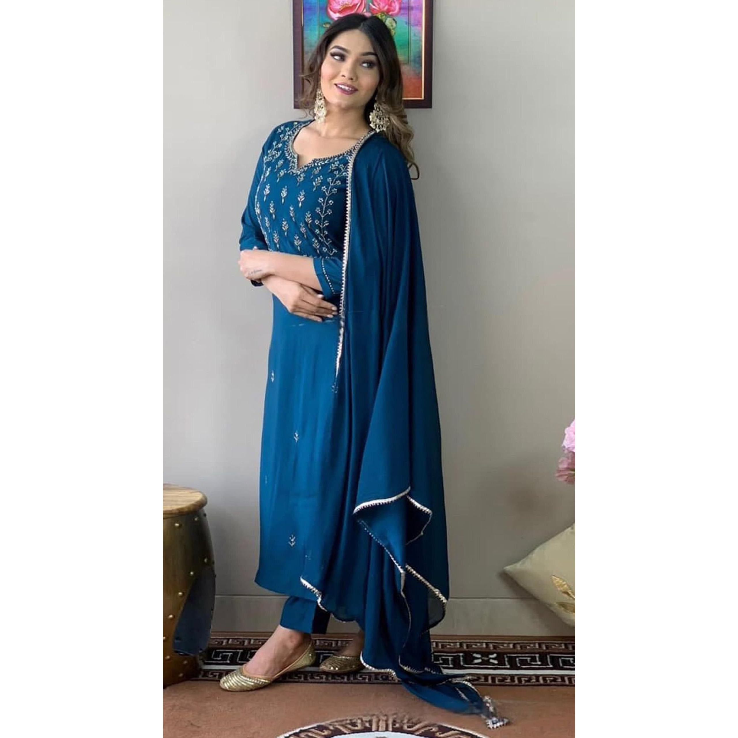 Florely Women's and Girl's Slub Rayon Cotton Regular Sequence Embroidered Work Latest Kurti with Trousers and Duppta (in, Alpha, M, Regular, Rama)