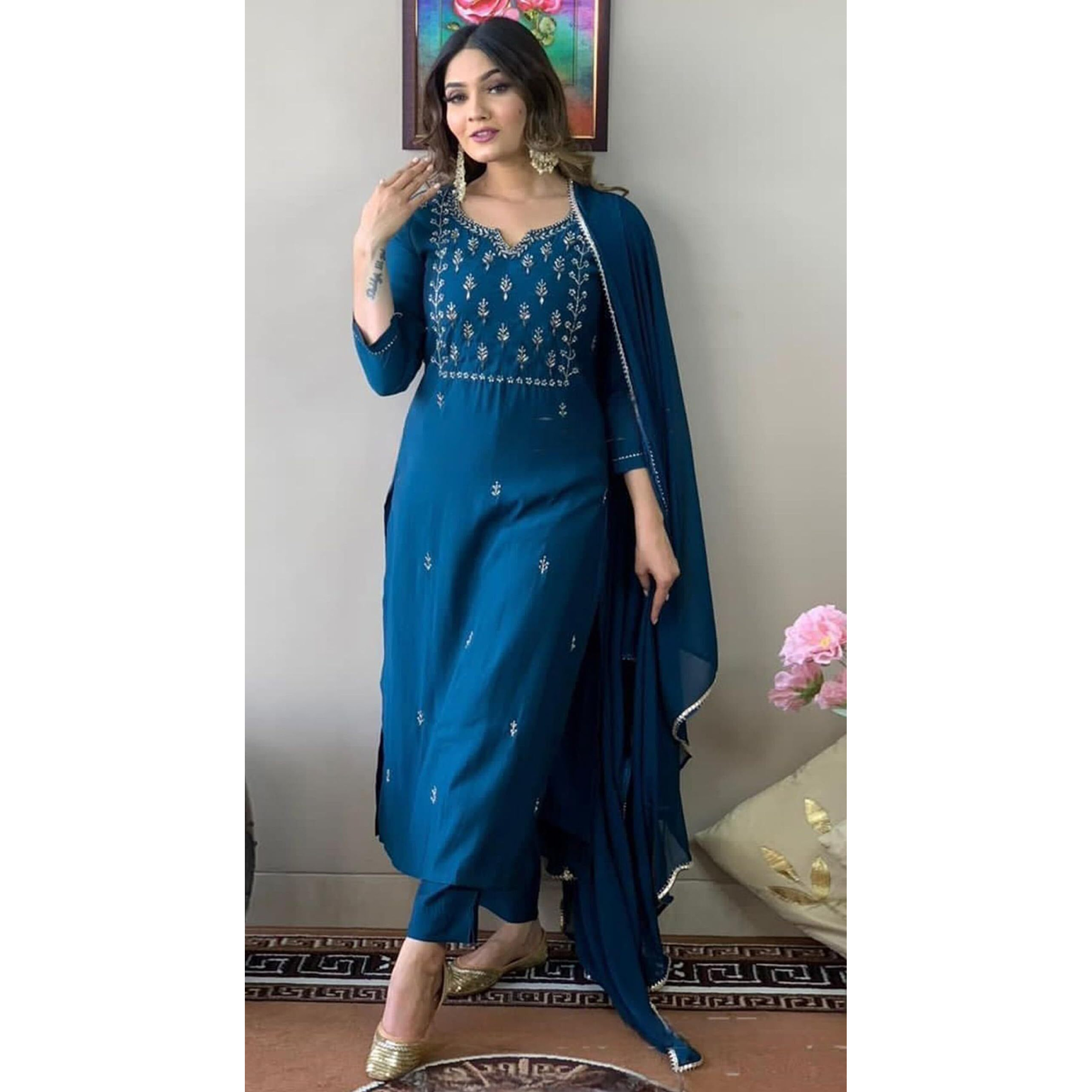 Florely Women's and Girl's Slub Rayon Cotton Regular Sequence Embroidered Work Latest Kurti with Trousers and Duppta (in, Alpha, M, Regular, Rama)