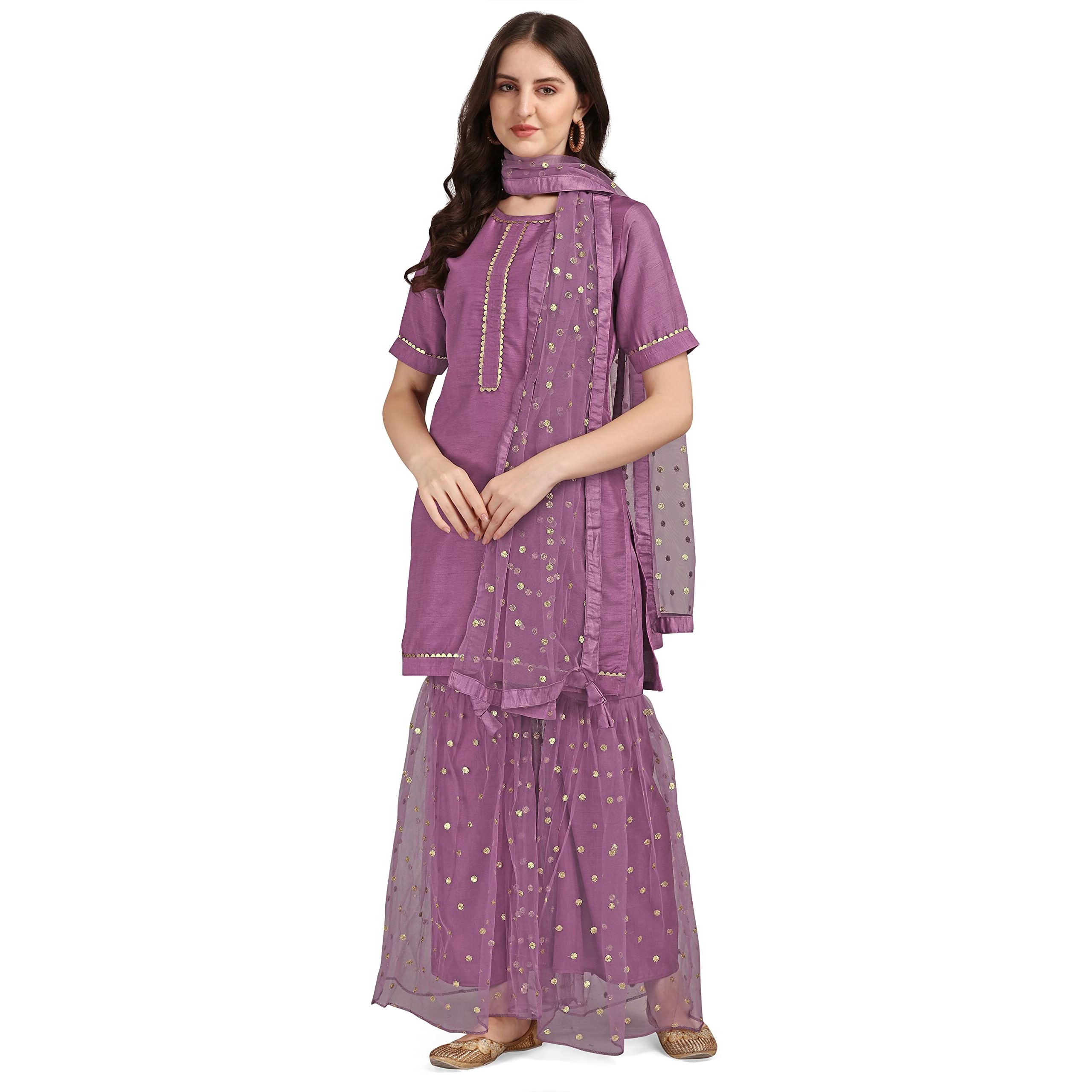 Modestouze Attires Womens Sequined Kurta and Palazzo Set with Net Dupatta (S TO XXL) (Medium, Purple)