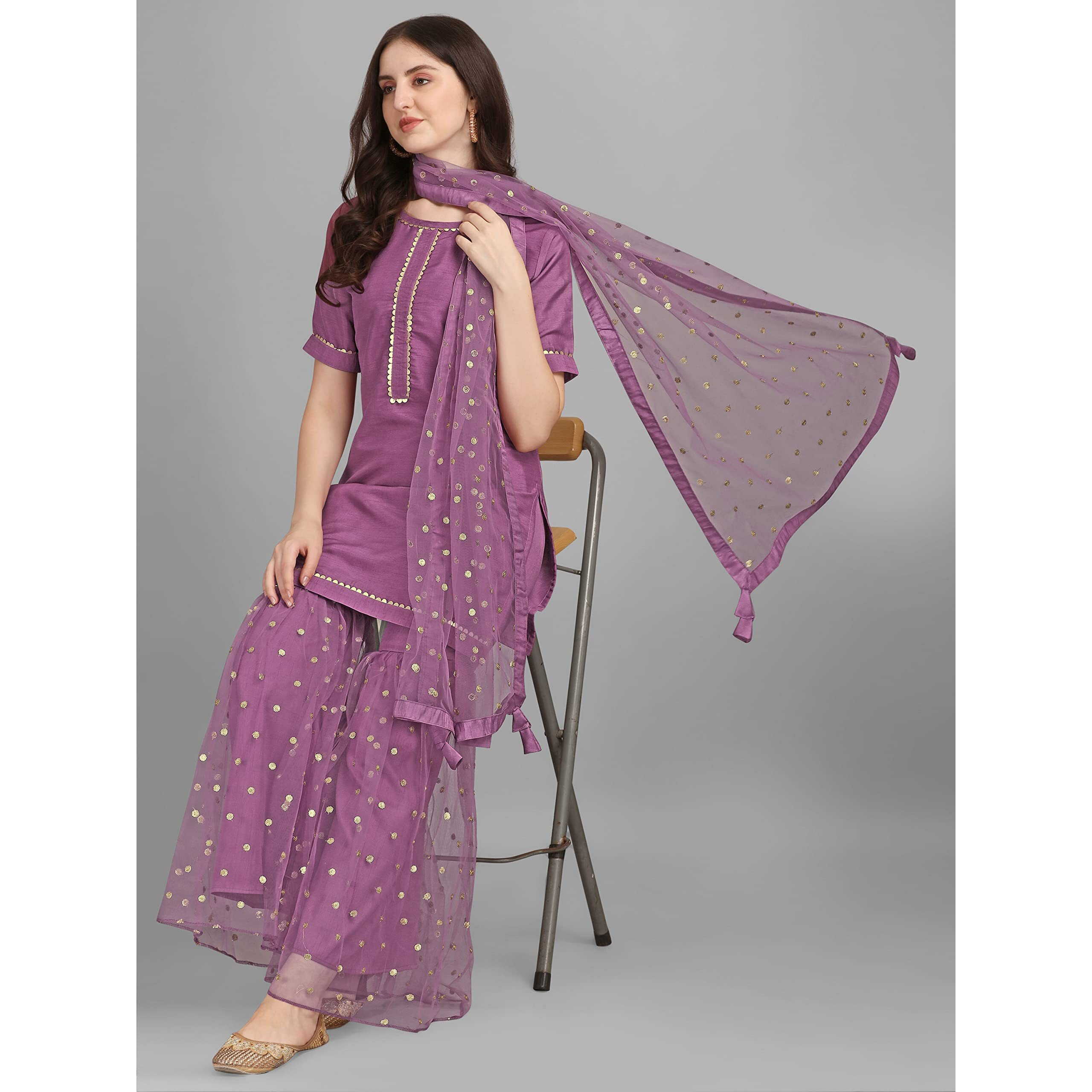 Modestouze Attires Womens Sequined Kurta and Palazzo Set with Net Dupatta (S TO XXL) (Medium, Purple)