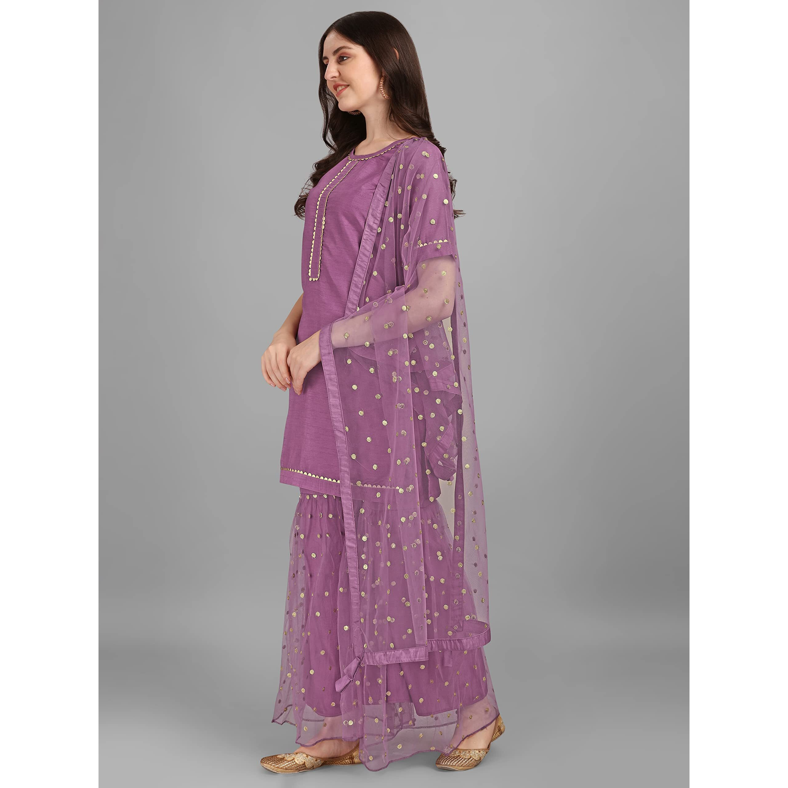 Modestouze Attires Womens Sequined Kurta and Palazzo Set with Net Dupatta (S TO XXL) (Medium, Purple)