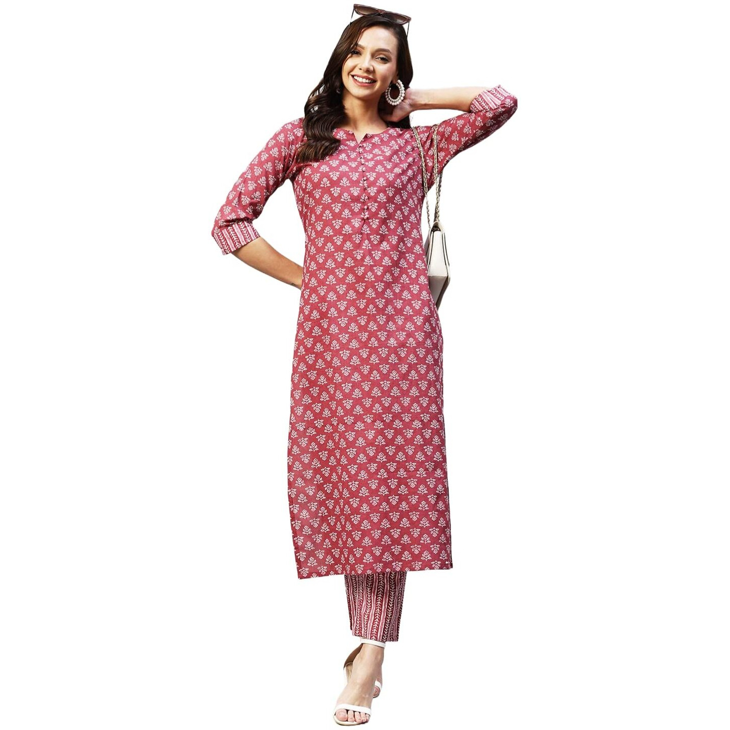 ANNI DESIGNER Women's Cotton Blend Straight Printed Kurta with Pant (Gapati Maroon_S_ Maroon_Small)