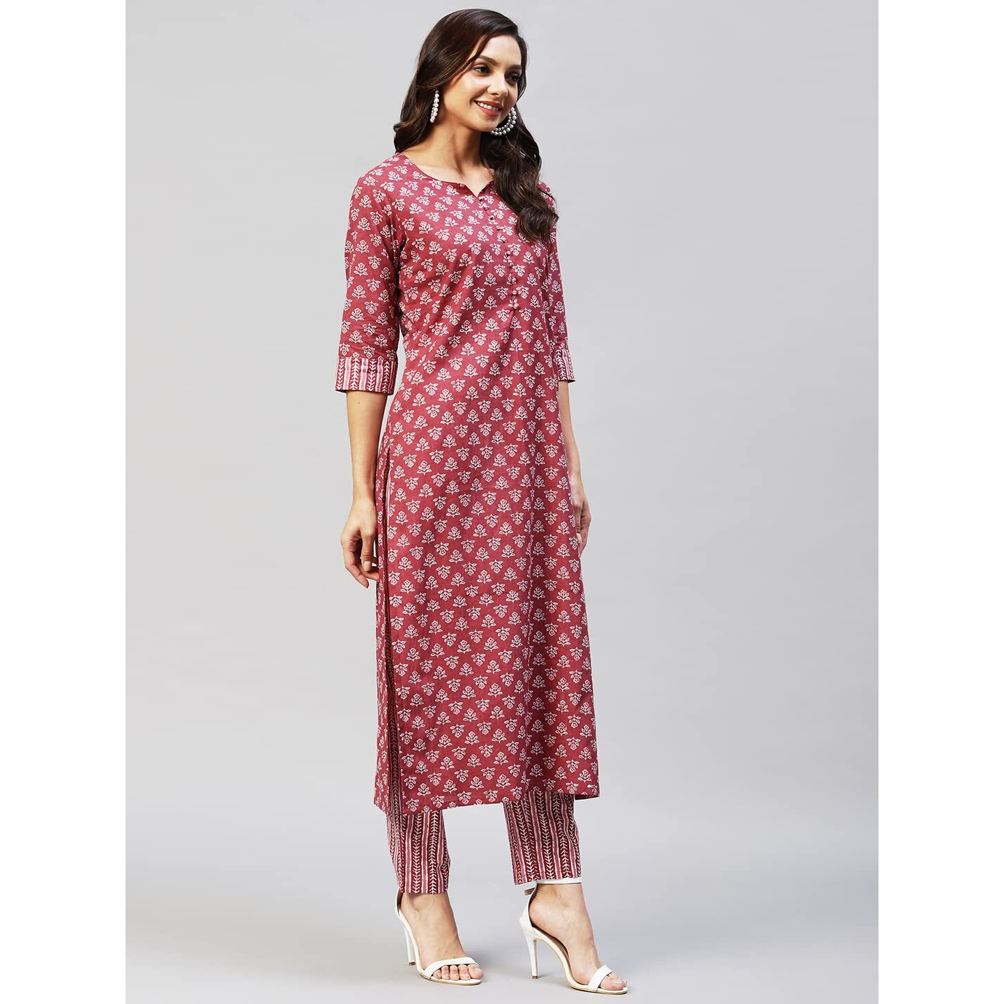 ANNI DESIGNER Women's Cotton Blend Straight Printed Kurta with Pant (Gapati Maroon_S_ Maroon_Small)