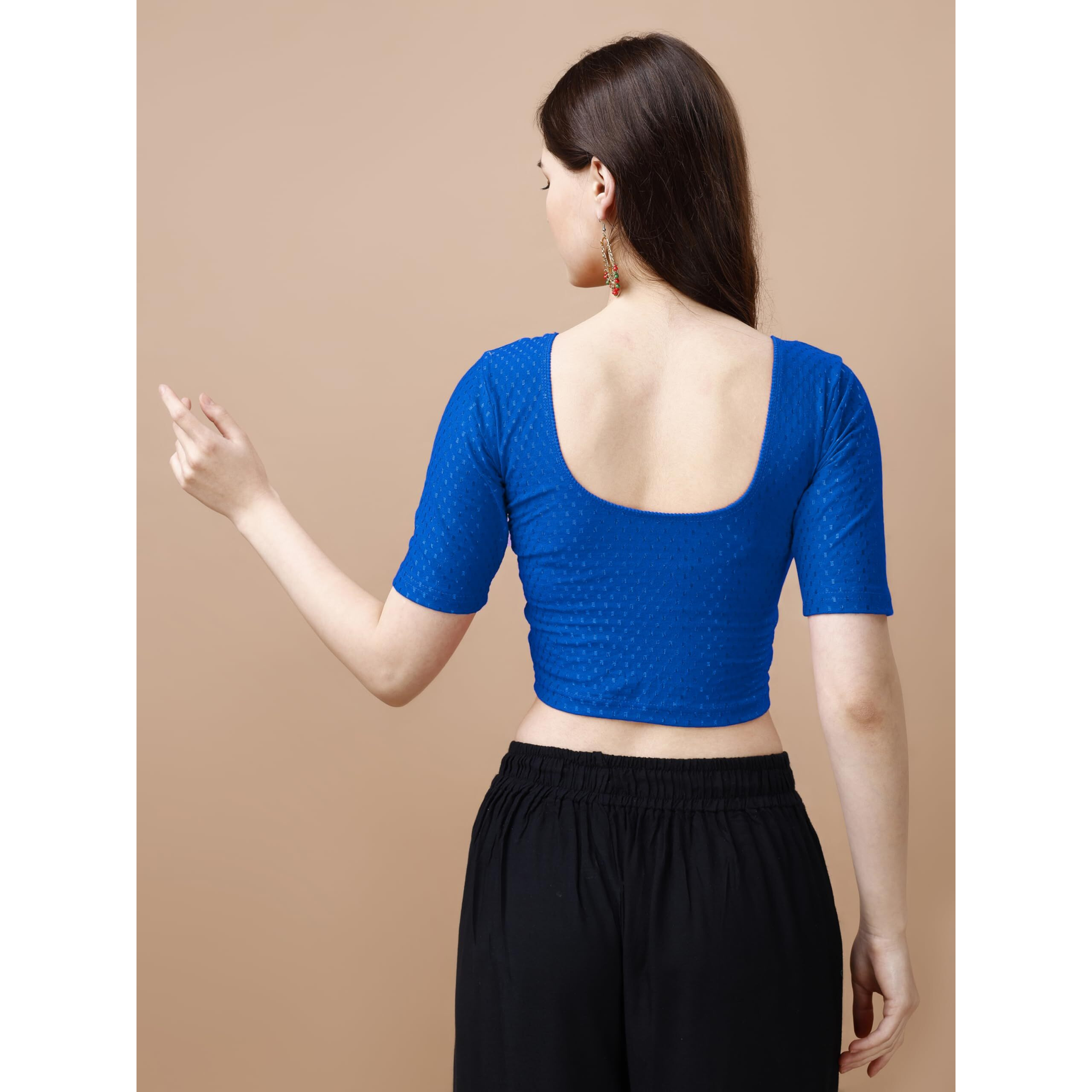 Pujia Mills Women's Readymade Dobby Cotton Lycra Stretchable Round Neck Half Sleeve Blouse Fancy Royal Blue Color Lycra Stretchable Blouse for Women Stylish Readymade Saree Blouse