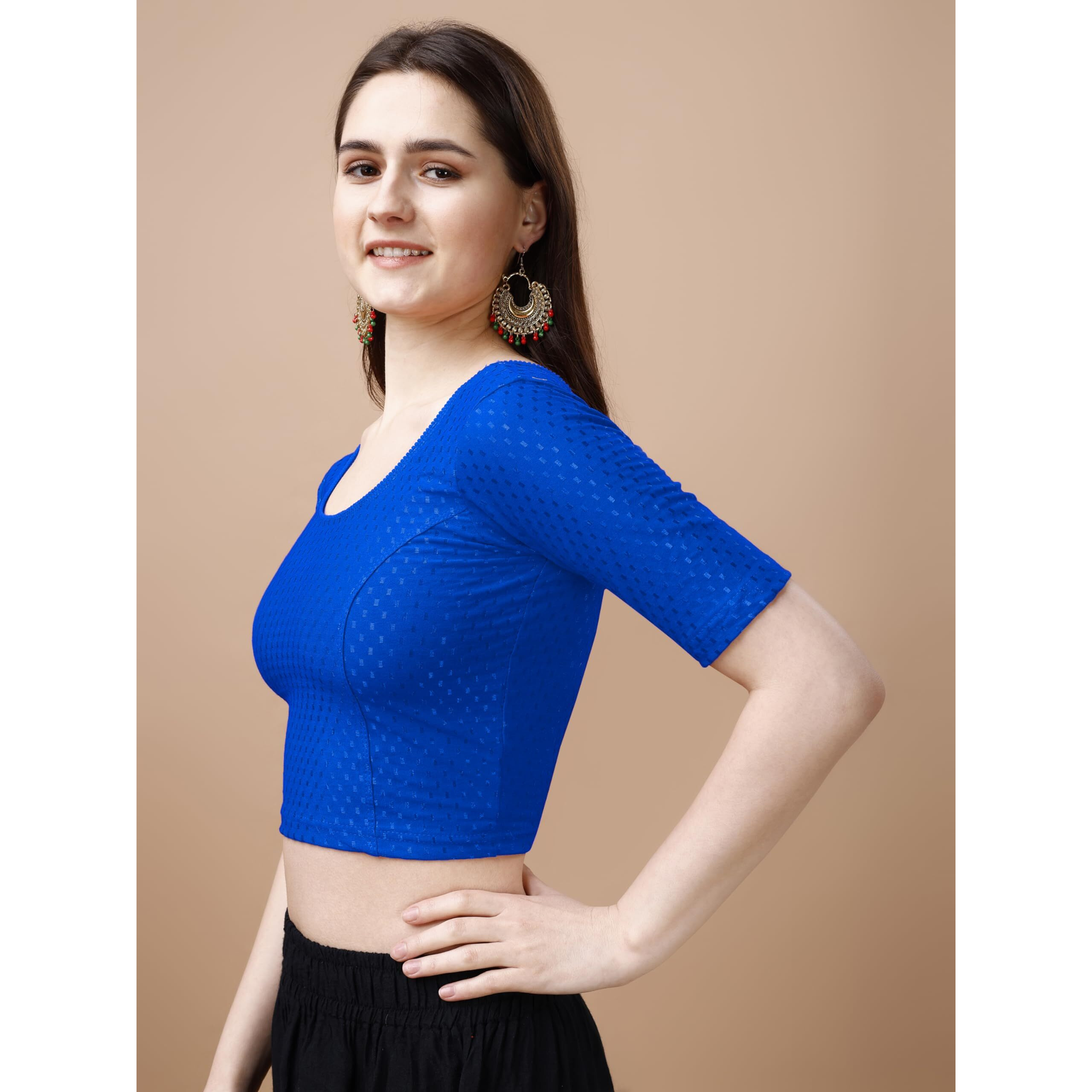 Pujia Mills Women's Readymade Dobby Cotton Lycra Stretchable Round Neck Half Sleeve Blouse Fancy Royal Blue Color Lycra Stretchable Blouse for Women Stylish Readymade Saree Blouse