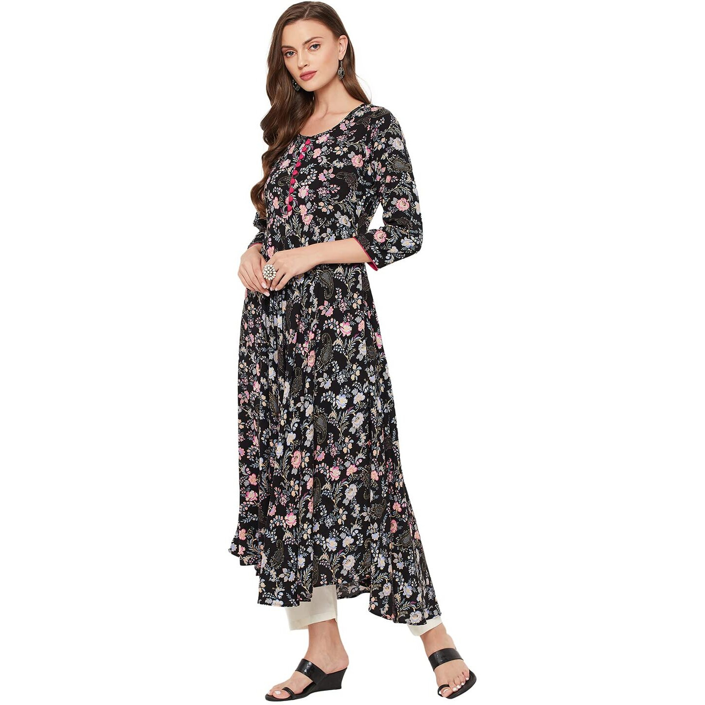 Tissu Women's Rayon Black & Pink Floral Printed A-Line Kurta 2194_Black_4XL