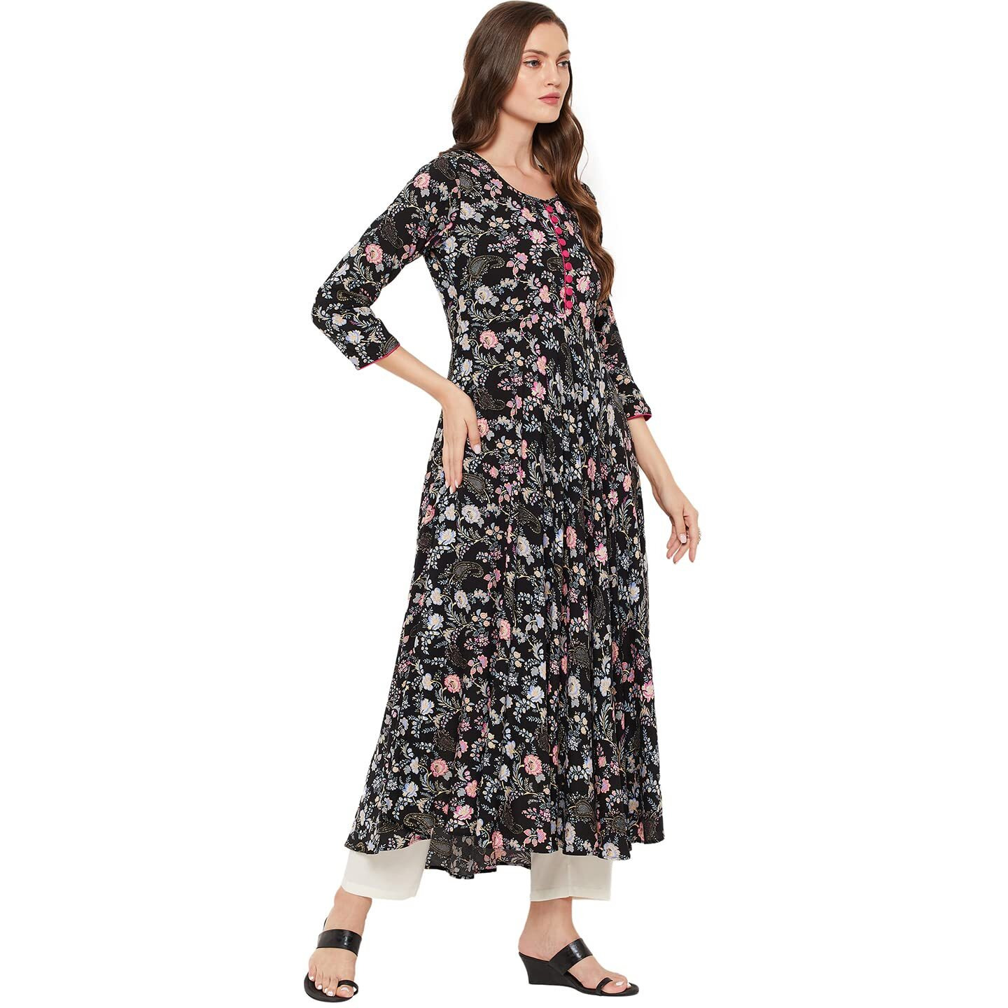 Tissu Women's Rayon Black & Pink Floral Printed A-Line Kurta 2194_Black_4XL