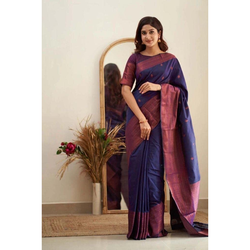 Flosive Women's Present Banarasi Soft Lichi Silk Saree Beautiful Jacquard Rich Pallu Design Work Zari Woven Kanjivaram Silk Style Saree With Soft Lichi Silk Blouse Piece Ayn Royal Look (Navy Blue)