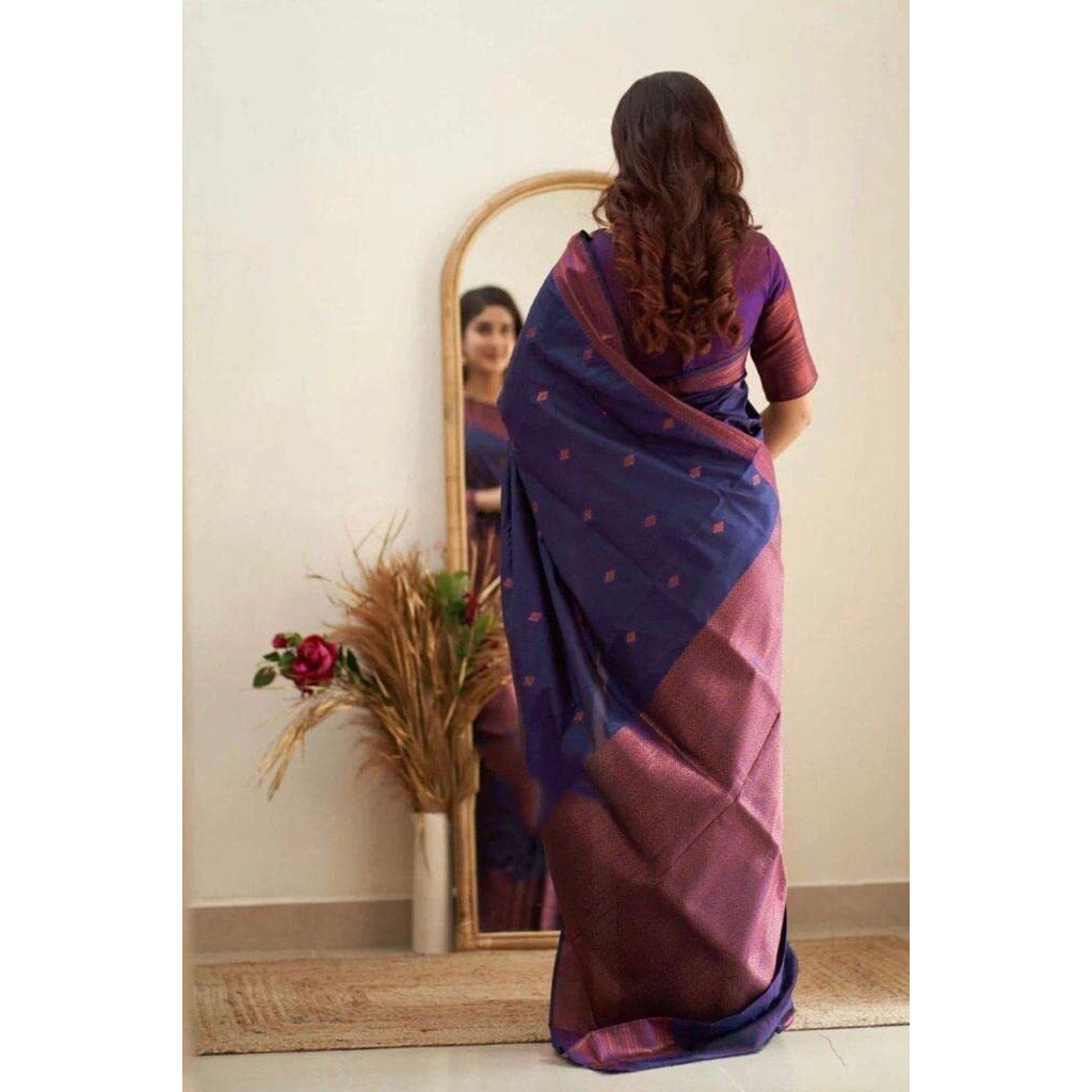 Flosive Women's Present Banarasi Soft Lichi Silk Saree Beautiful Jacquard Rich Pallu Design Work Zari Woven Kanjivaram Silk Style Saree With Soft Lichi Silk Blouse Piece Ayn Royal Look (Navy Blue)