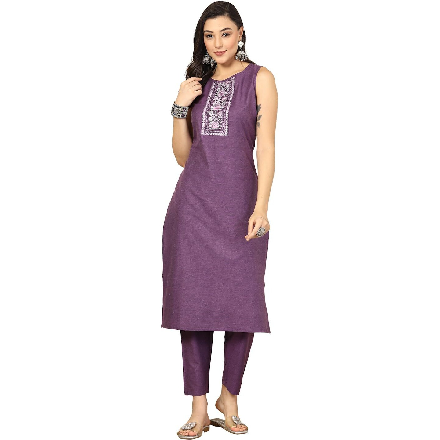Stylum Women's Embroidered Cotton Blend Straight Kurta Pant Set (in, Alpha, XL, Regular, Violet)