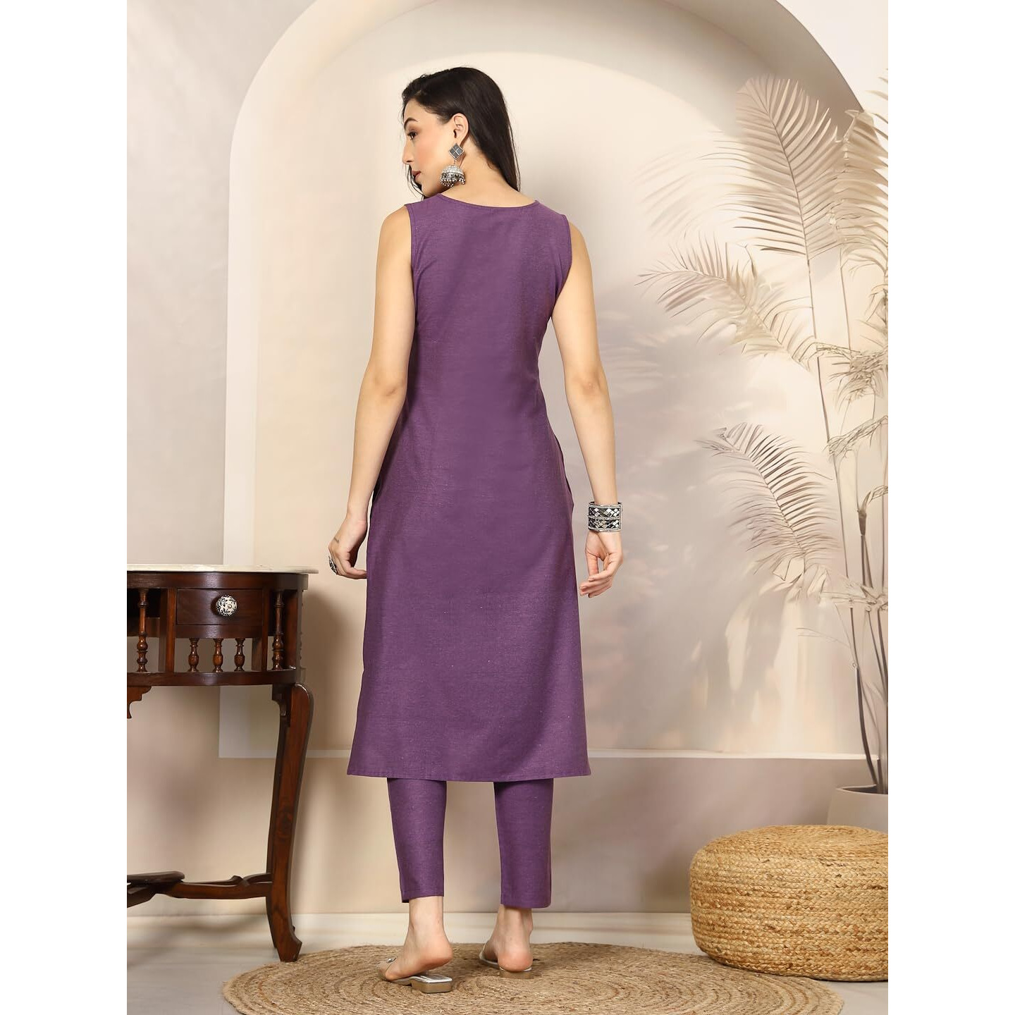 Stylum Women's Embroidered Cotton Blend Straight Kurta Pant Set (in, Alpha, XL, Regular, Violet)