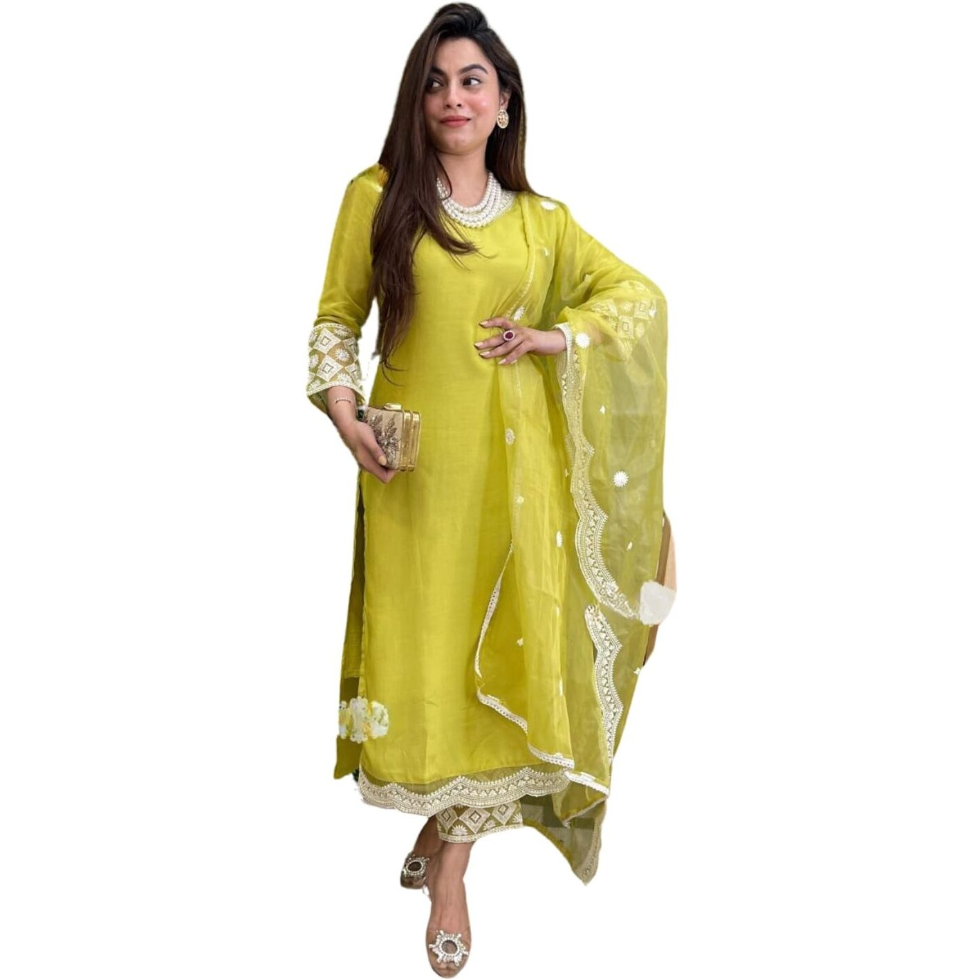 Naixa Women's Lemon Yellow Chanderi Silk Embroidered Straight Kurta with Chanderi Silk Pant and Organza Embroidered Dupatta Sets (NX2-S-Kamya-Lemon-S)