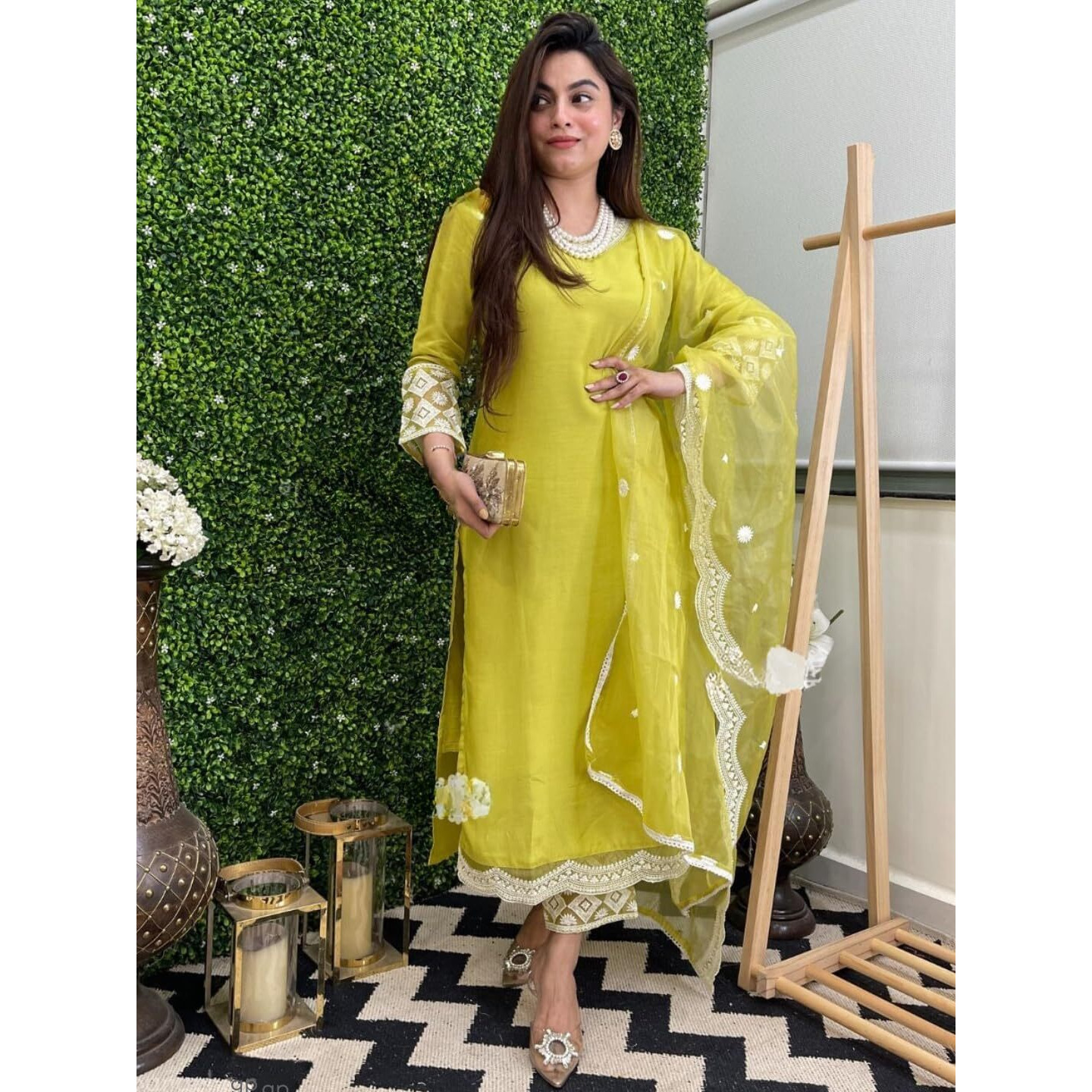 Naixa Women's Lemon Yellow Chanderi Silk Embroidered Straight Kurta with Chanderi Silk Pant and Organza Embroidered Dupatta Sets (NX2-S-Kamya-Lemon-S)