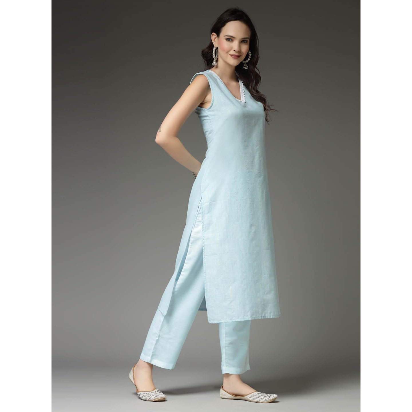 Stylum Women's Solid Cotton Blend Straight Kurta Pant Set (KPAQUAASMI34_Aqua Blue, XS)