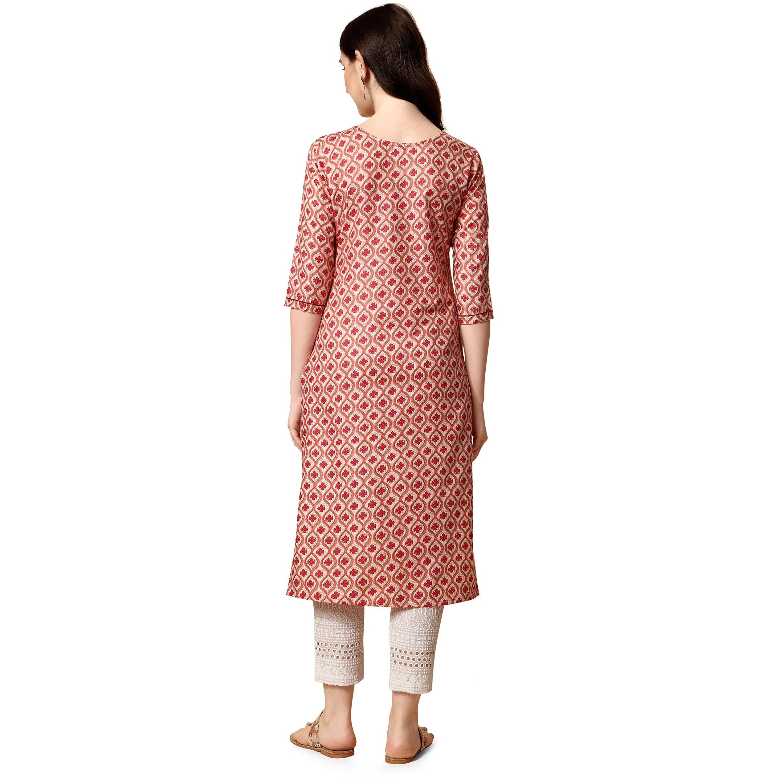 NAINVISH Women's Cotton Blend Straight V-Neck Printed Kurta (SD422_K-XL_Red)