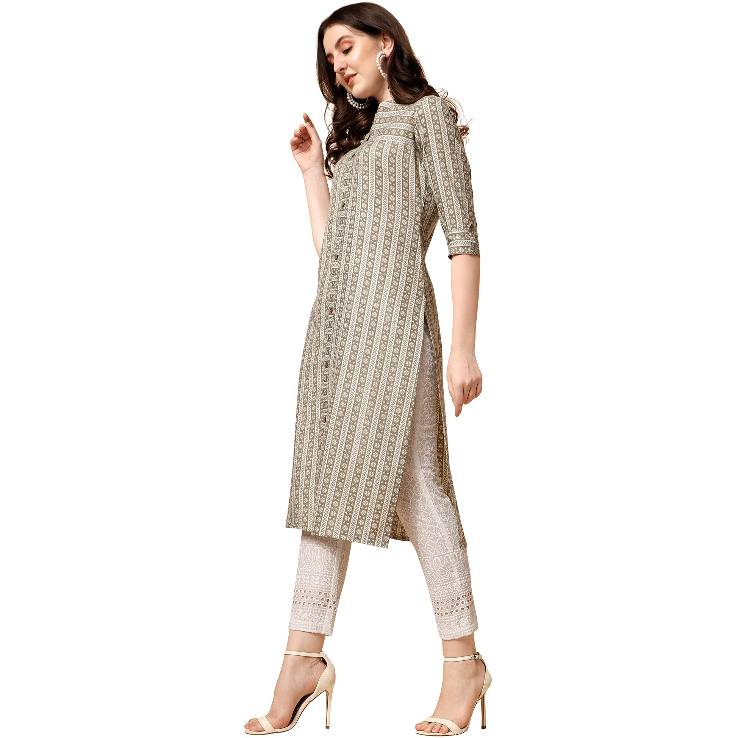 NAINVISH Women's Cotton Blend Straight Mandarin/Chinese Neck Printed Kurta (SD419_K-S_Yellow)