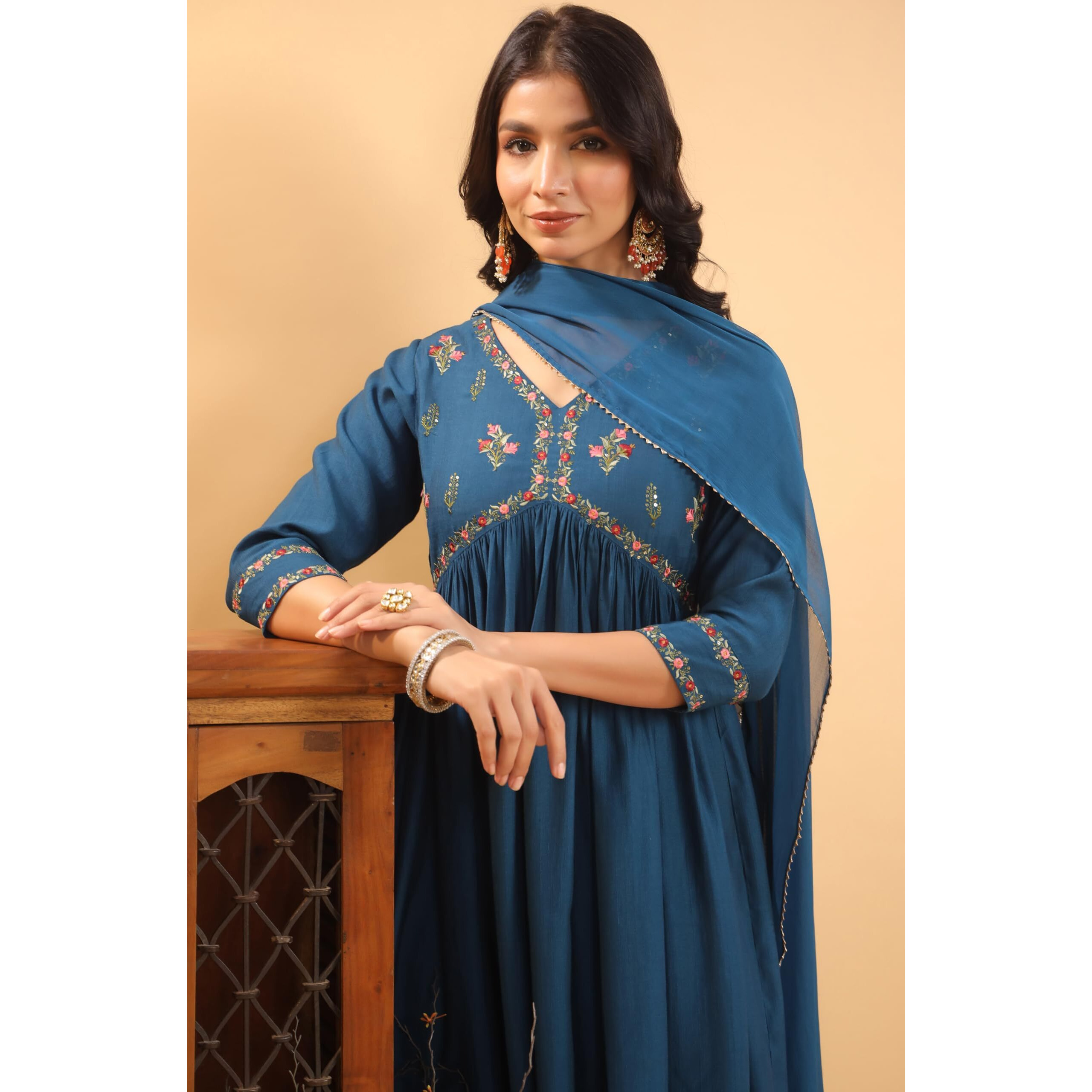 Janasya Women's Teal Blue Silk Blend Yoke Embroidered A-Line Kurta Set (JAC24ST01041-2XL)