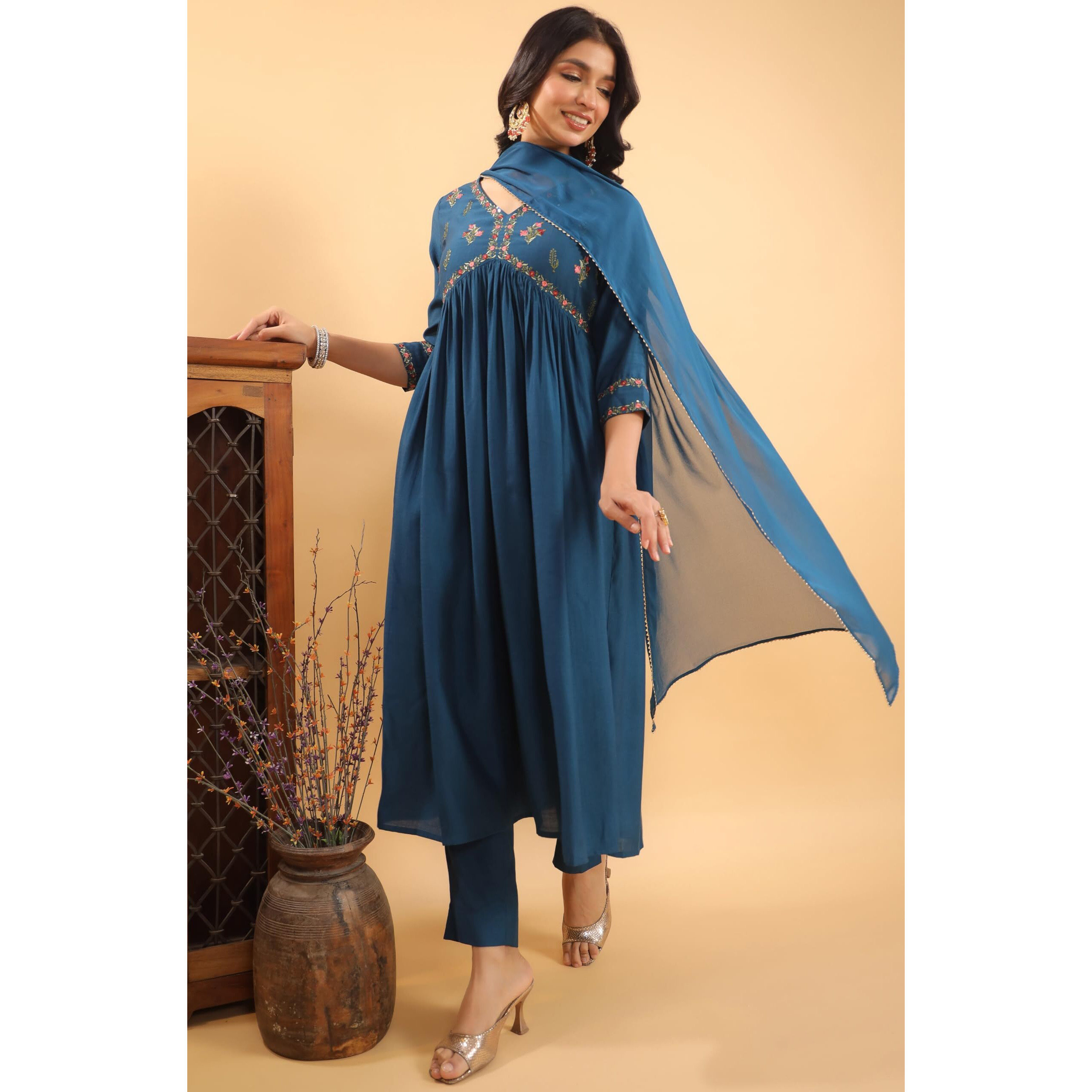 Janasya Women's Teal Blue Silk Blend Yoke Embroidered A-Line Kurta Set (JAC24ST01041-2XL)