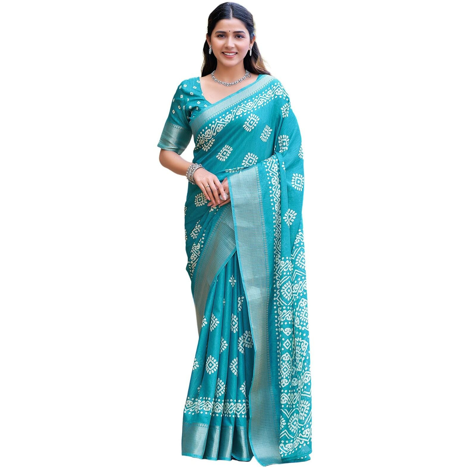 Satrani Women's Cotton Blend Printed Weaving Border Saree with Unstitched Blouse Piece (4029S172N_Turquoise)