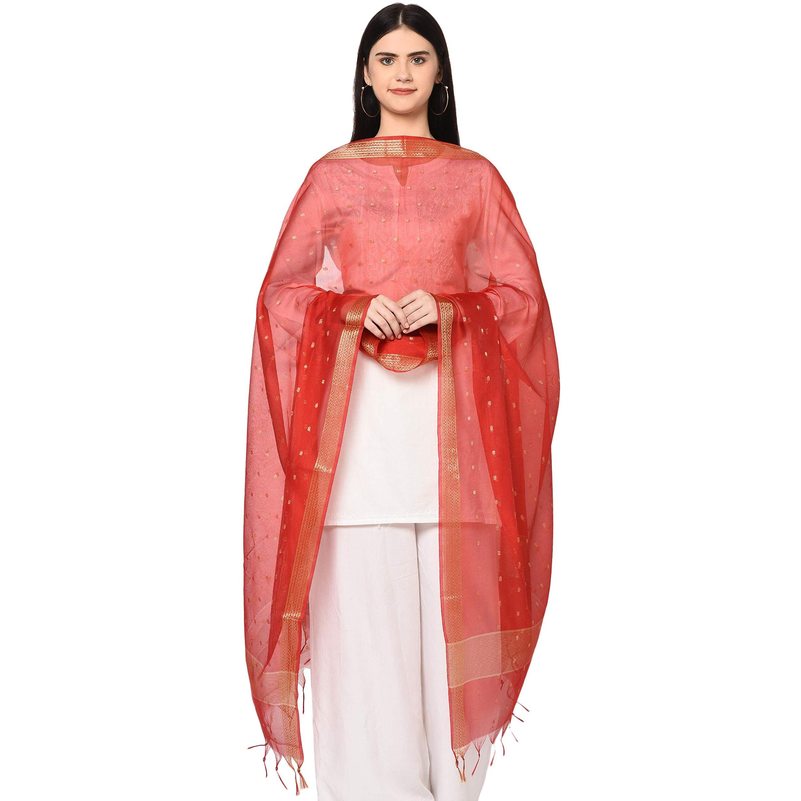 Weavers Villa Women's Banarasi Poly Silk Starred Dupatta (Red, 2.25m)
