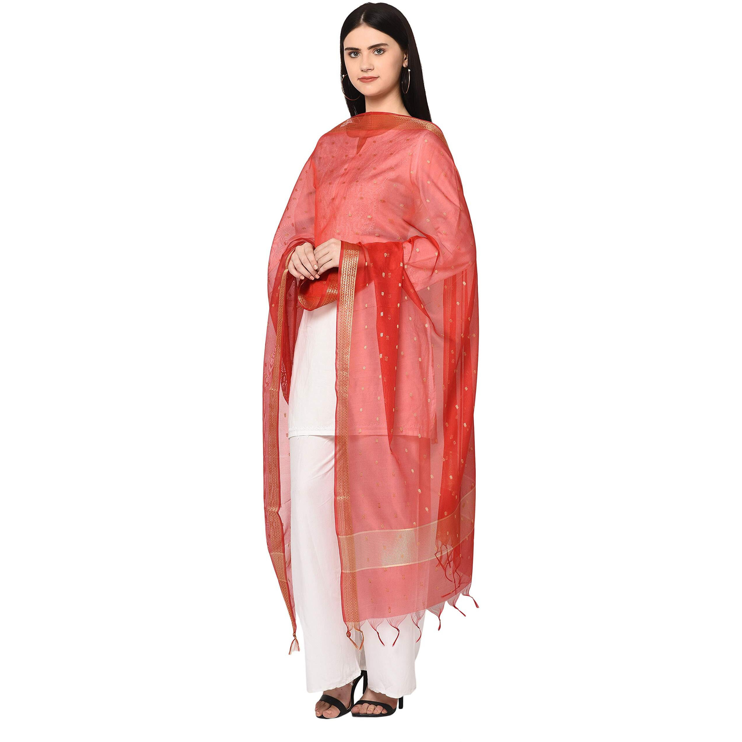 Weavers Villa Women's Banarasi Poly Silk Starred Dupatta (Red, 2.25m)