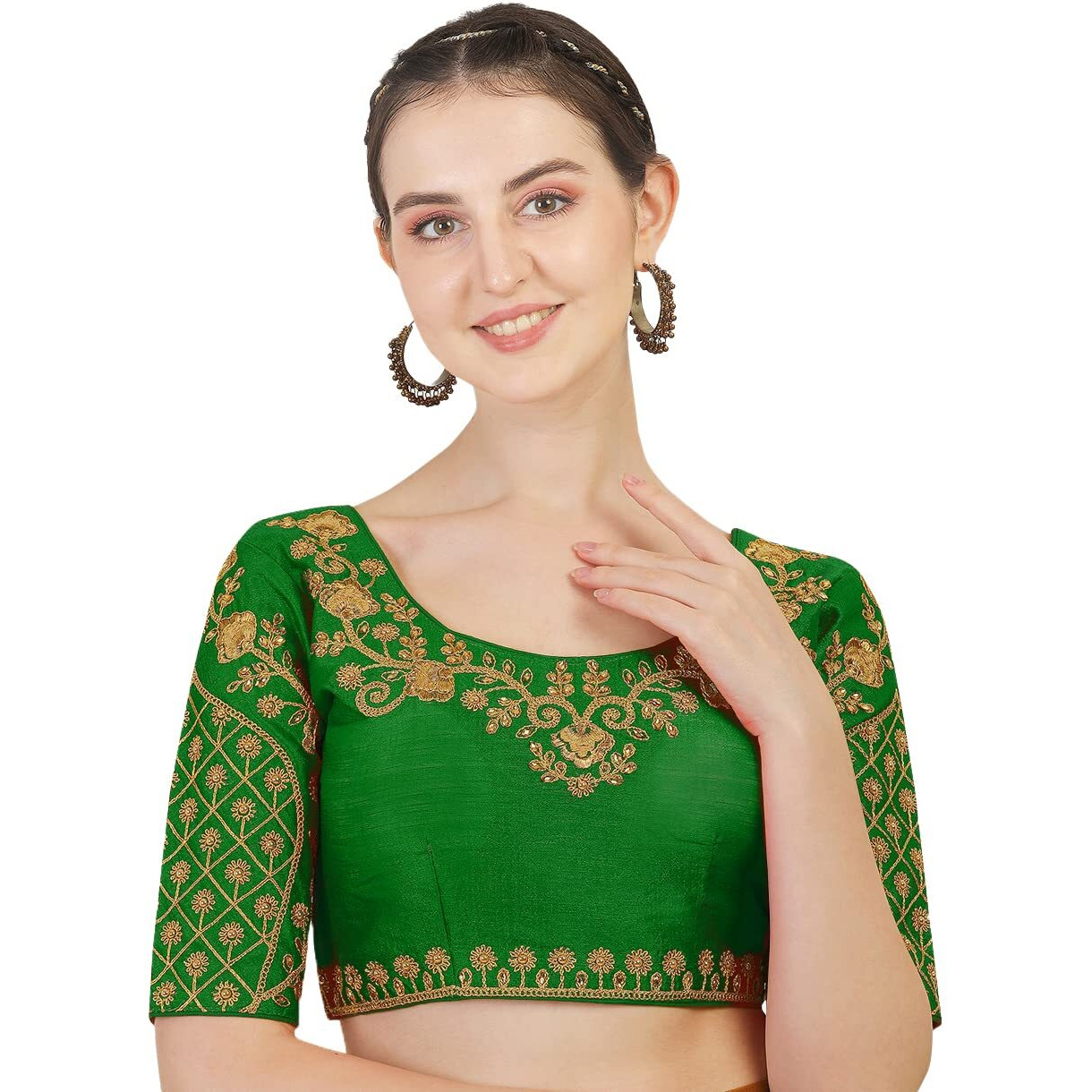 Pujia Mils Women's Silk Embroidery Half Sleeve Blouse (Floral Blouse_Green_38)