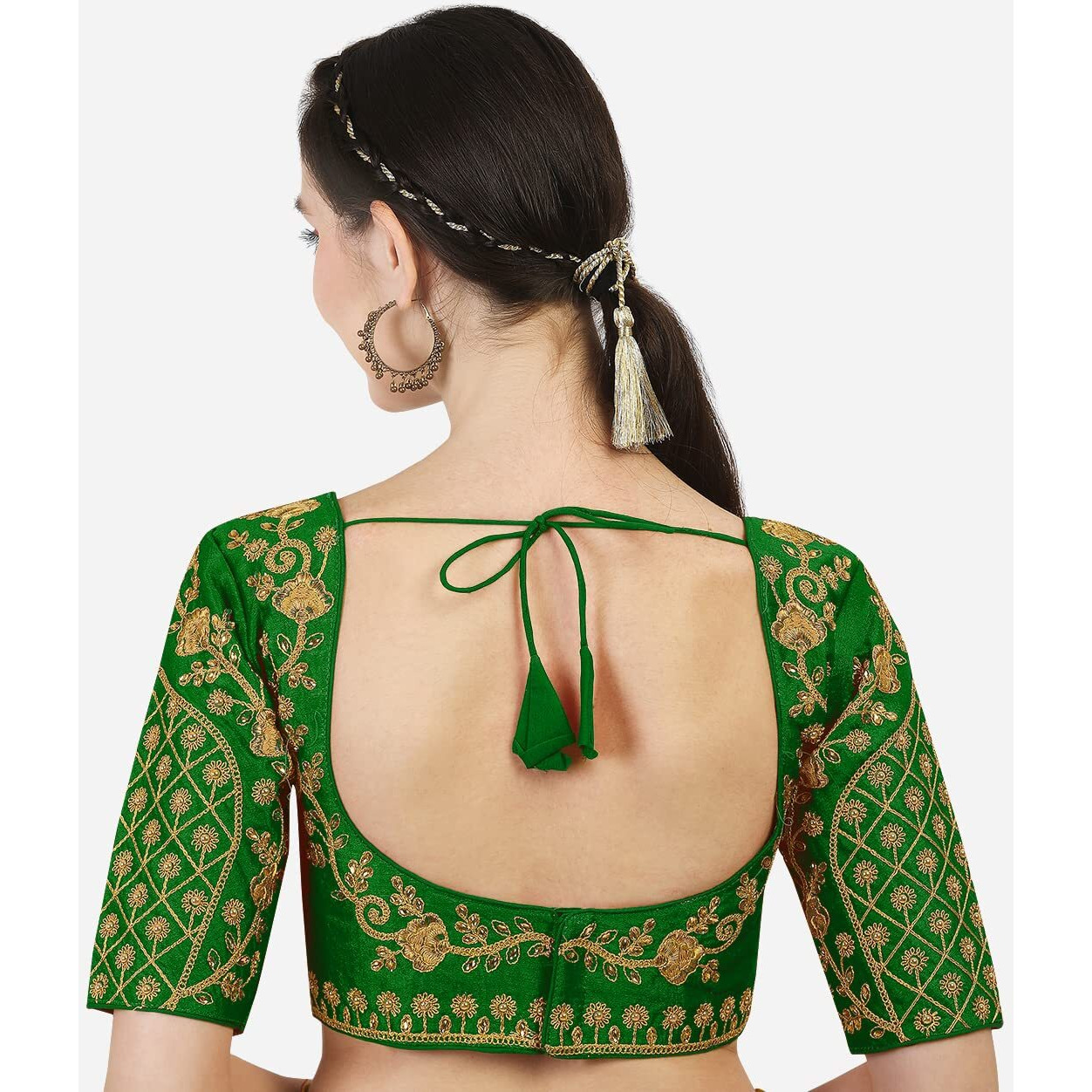Pujia Mils Women's Silk Embroidery Half Sleeve Blouse (Floral Blouse_Green_38)