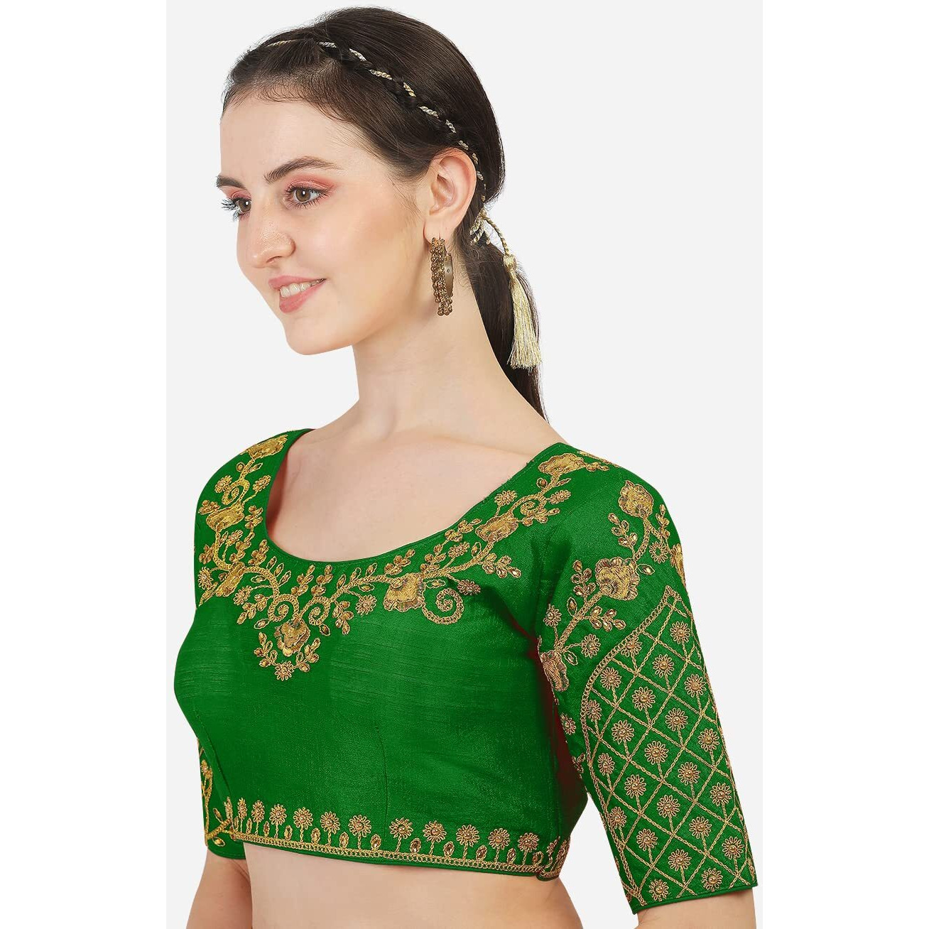 Pujia Mils Women's Silk Embroidery Half Sleeve Blouse (Floral Blouse_Green_38)