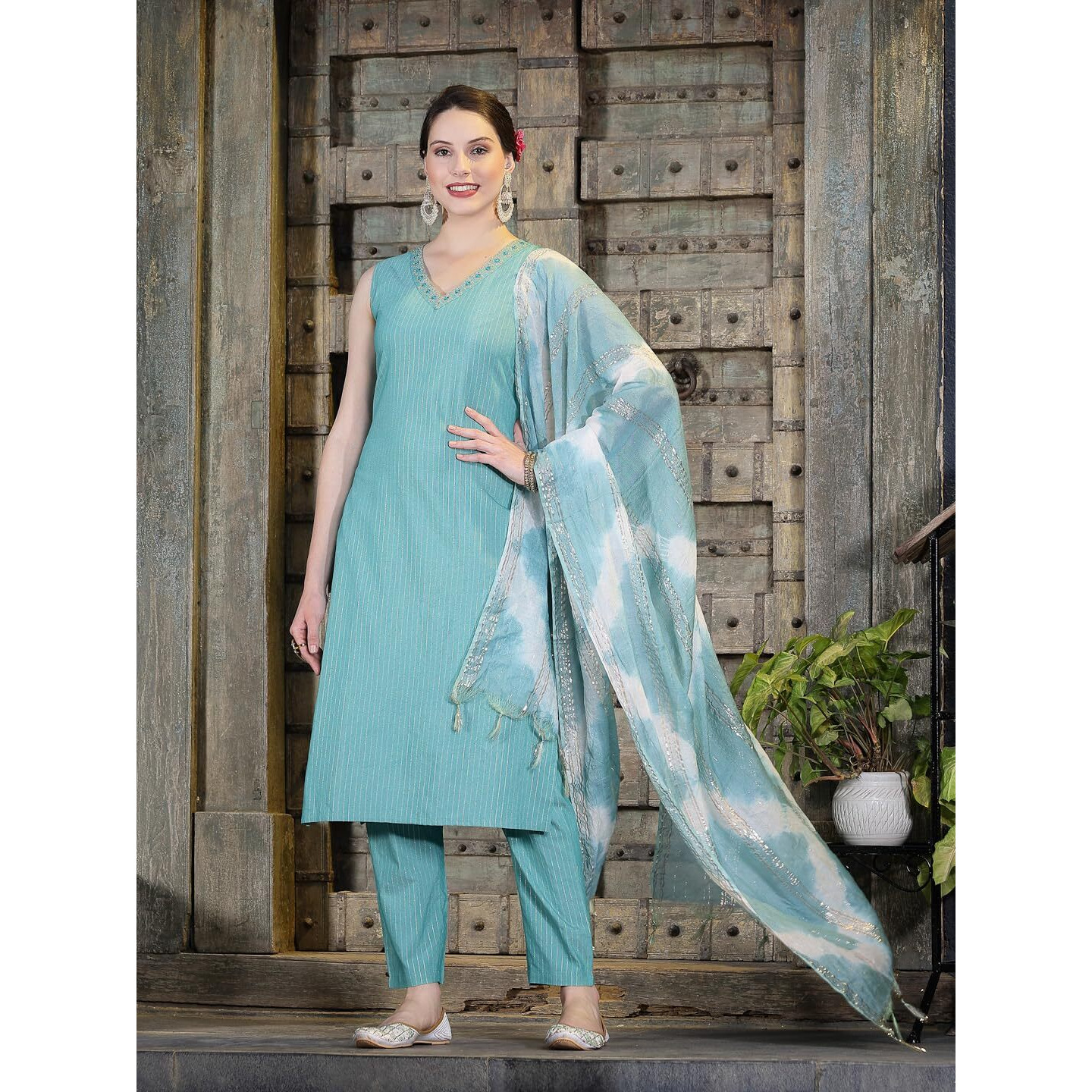 Stylum Women's Woven Designed Cotton Blend Straight Kurta Pant with Dupatta (IN, Alpha, 2XL, Regular, Light Green)