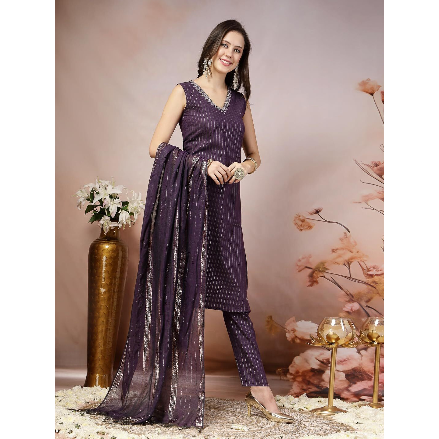 Stylum Women's Woven Designed Cotton Blend Straight Kurta Pant with Dupatta (IN, Alpha, XS, Regular, Purple)