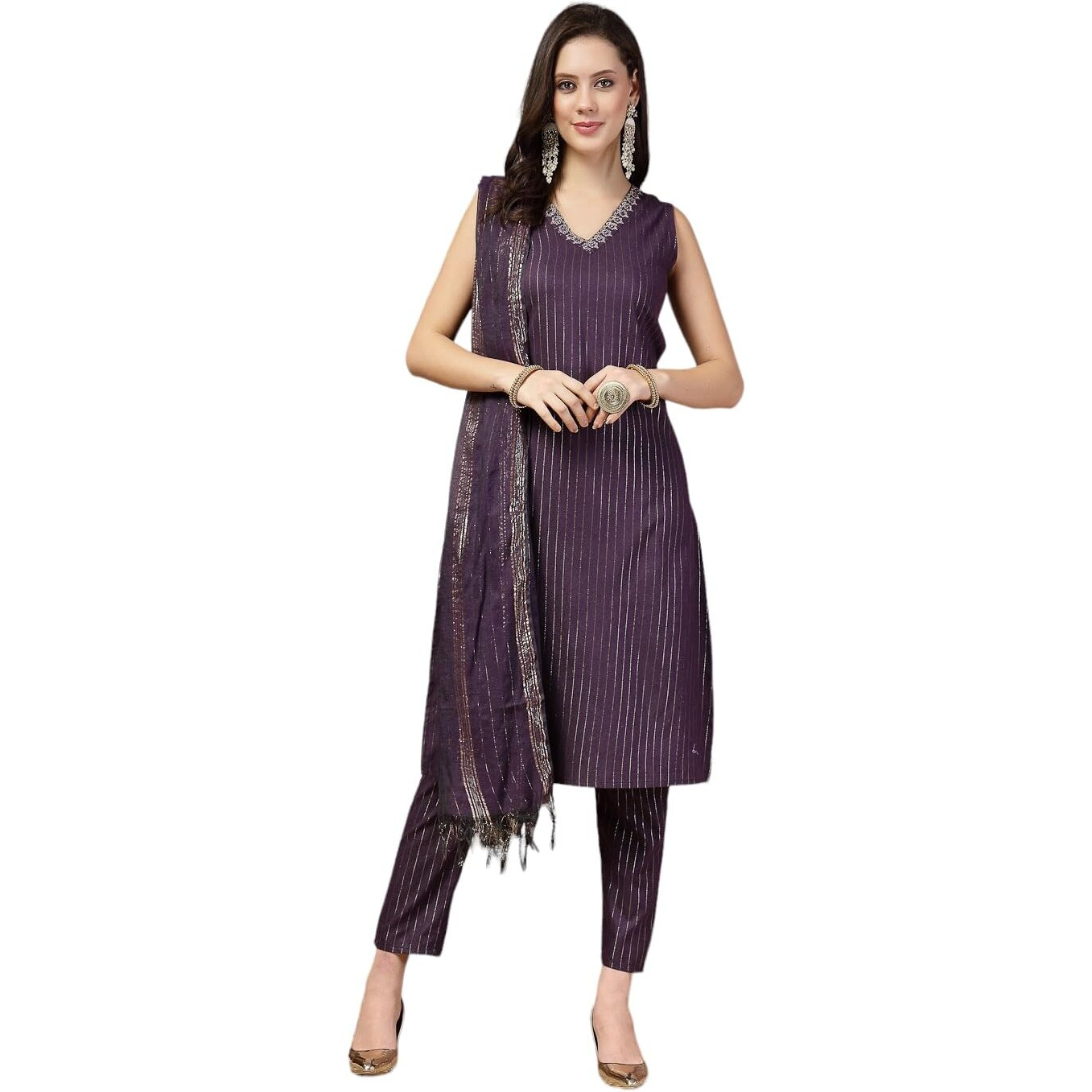 Stylum Women's Woven Designed Cotton Blend Straight Kurta Pant with Dupatta (IN, Alpha, 2XL, Regular, Purple)