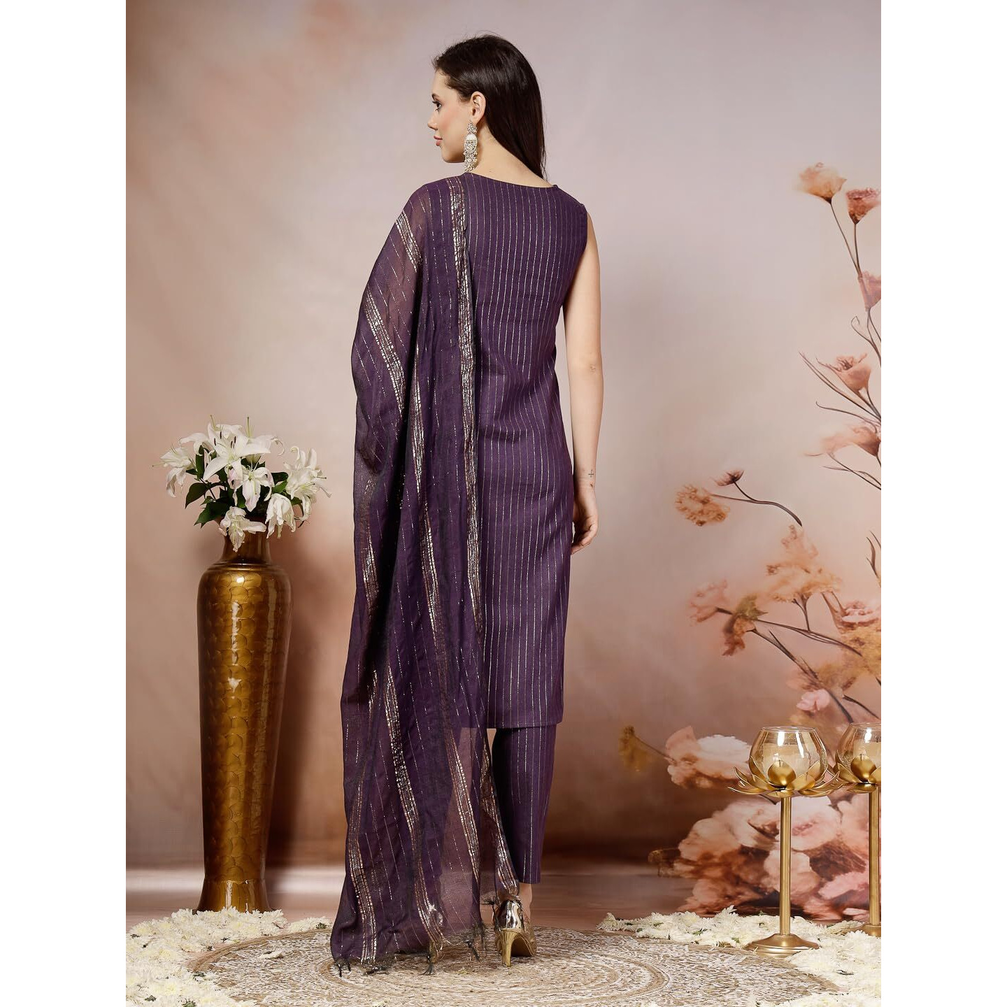 Stylum Women's Woven Designed Cotton Blend Straight Kurta Pant with Dupatta (IN, Alpha, 2XL, Regular, Purple)