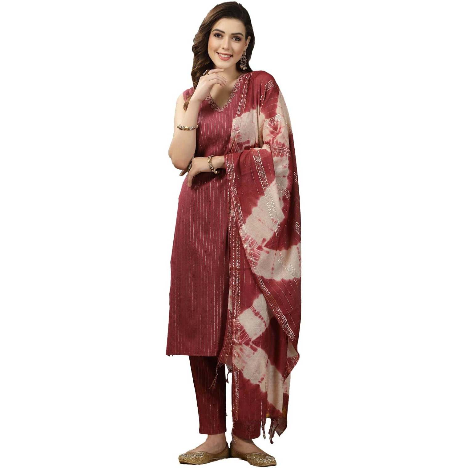 Stylum Women's Woven Designed Cotton Blend Straight Kurta Pant with Dupatta (IN, Alpha, XL, Regular, Rose)