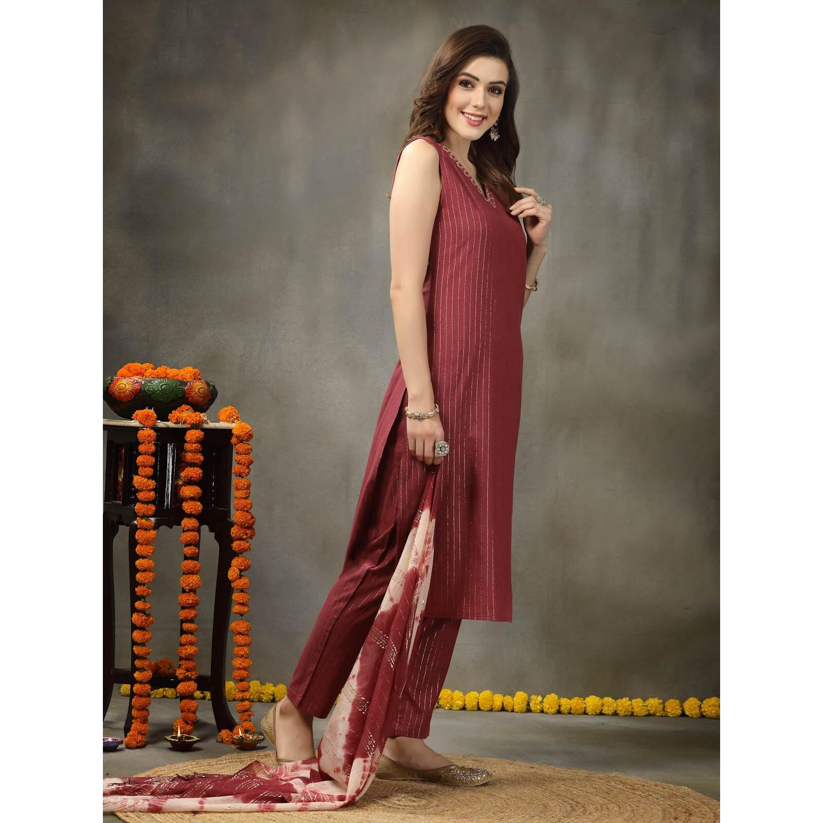Stylum Women's Woven Designed Cotton Blend Straight Kurta Pant with Dupatta (IN, Alpha, XL, Regular, Rose)