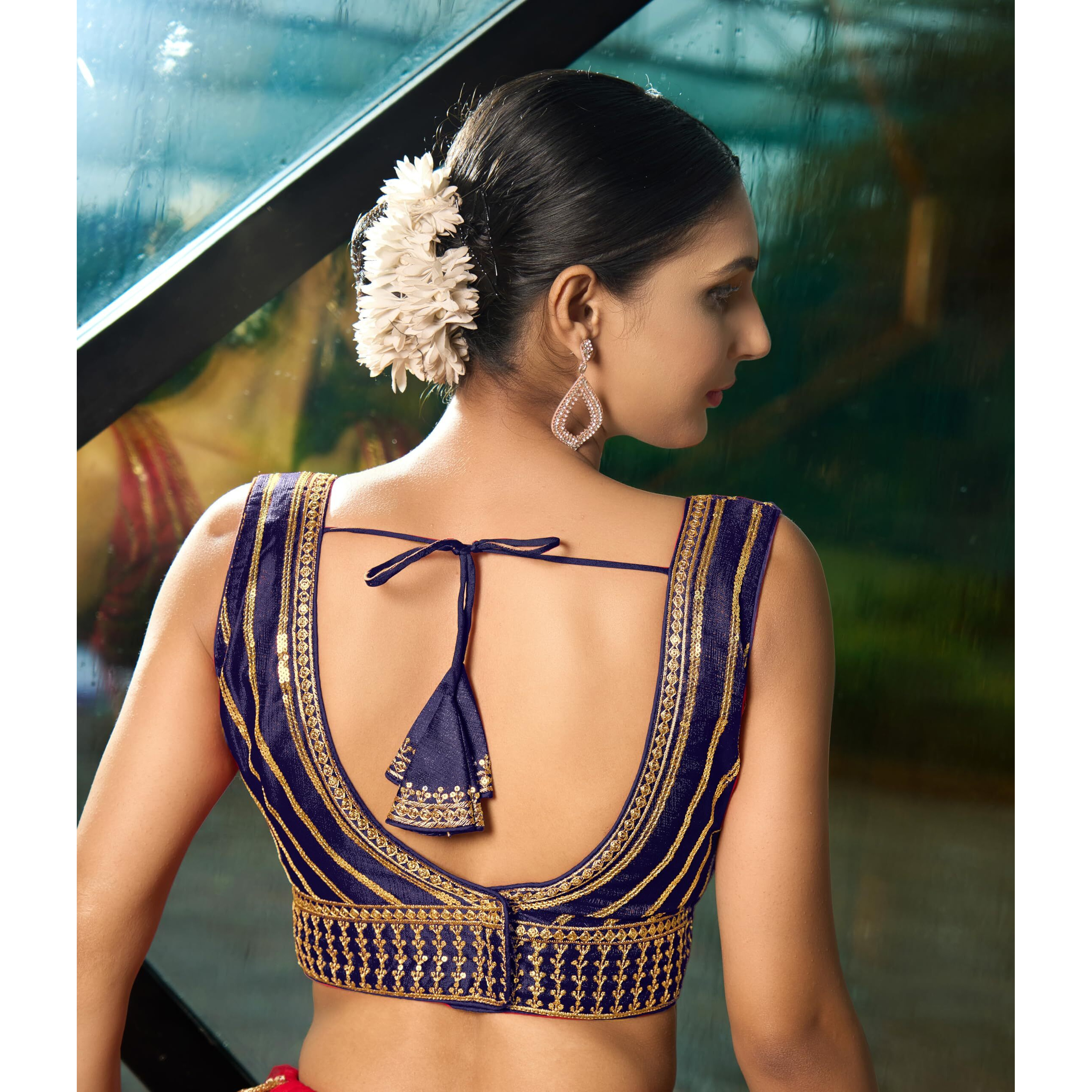 Pujia Mills Women's Readymade Blouse Embroidery Multi Coding Gold Thread Indian Ethnic Designer Stitched Readymade Saree Sleeveless Navy Blue Blouse for Women for Saree Lehenga Choli
