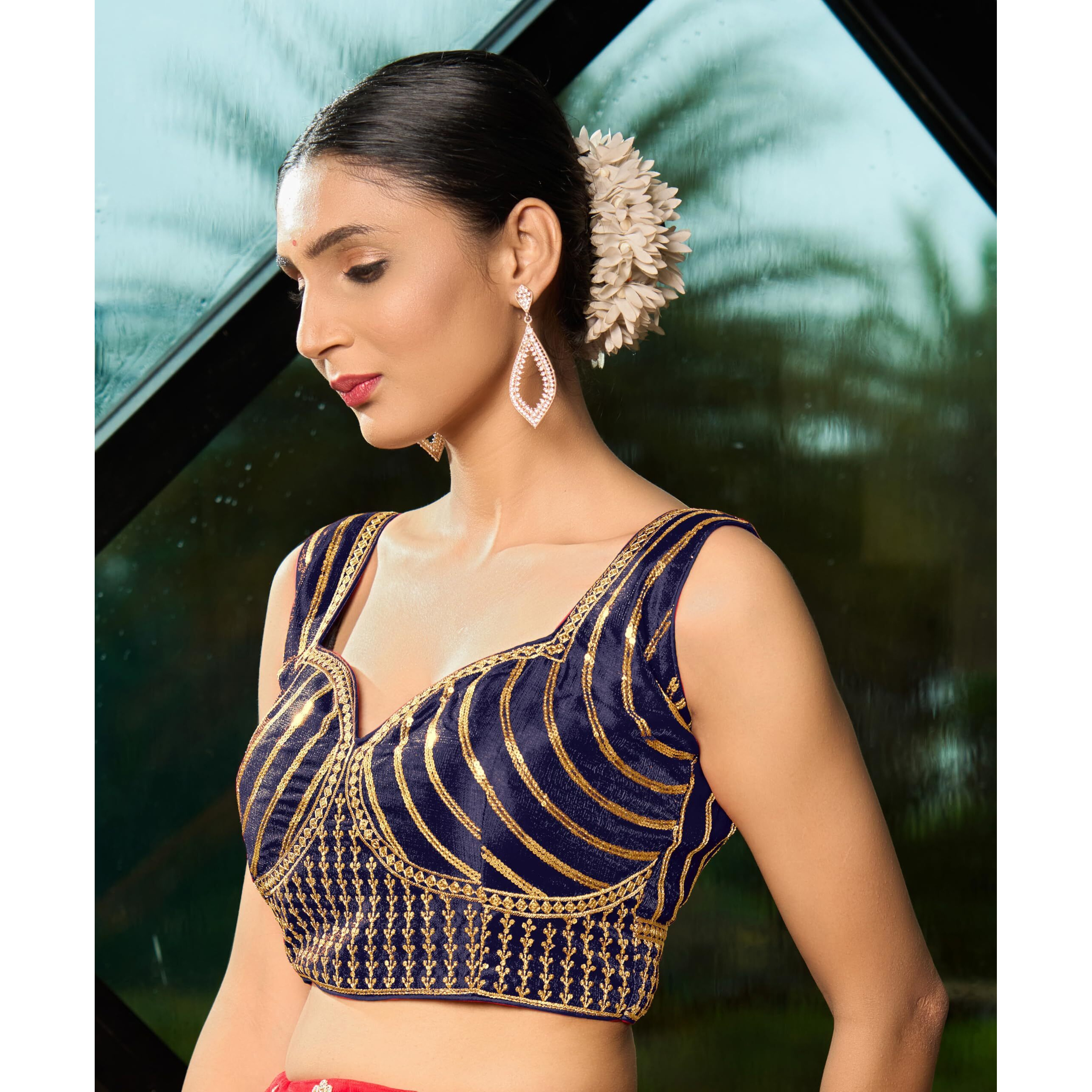 Pujia Mills Women's Readymade Blouse Embroidery Multi Coding Gold Thread Indian Ethnic Designer Stitched Readymade Saree Sleeveless Navy Blue Blouse for Women for Saree Lehenga Choli