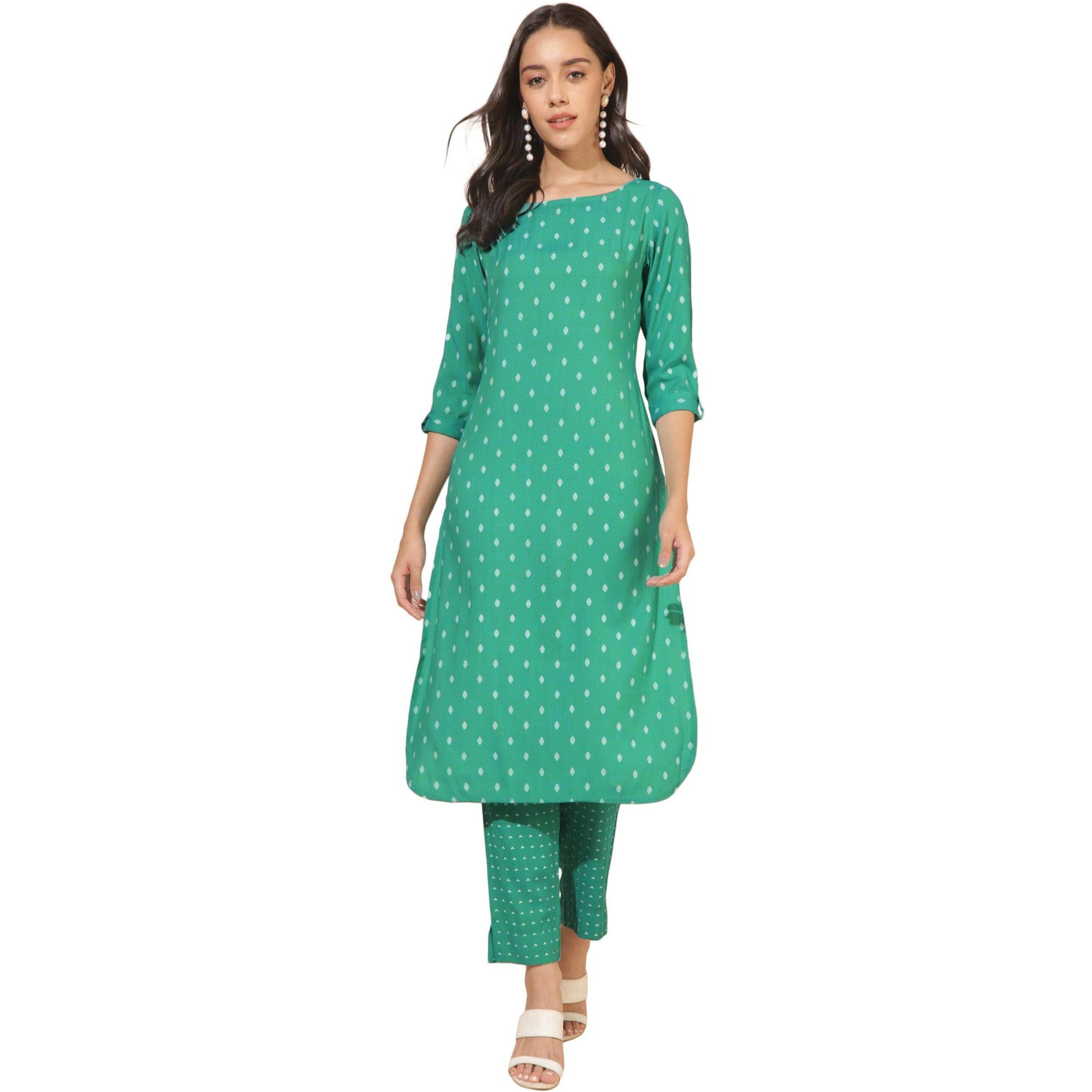 Janasya Women's Sea Green Cotton Geometric Straight Kurta Set(SET900-KR-NP-S)