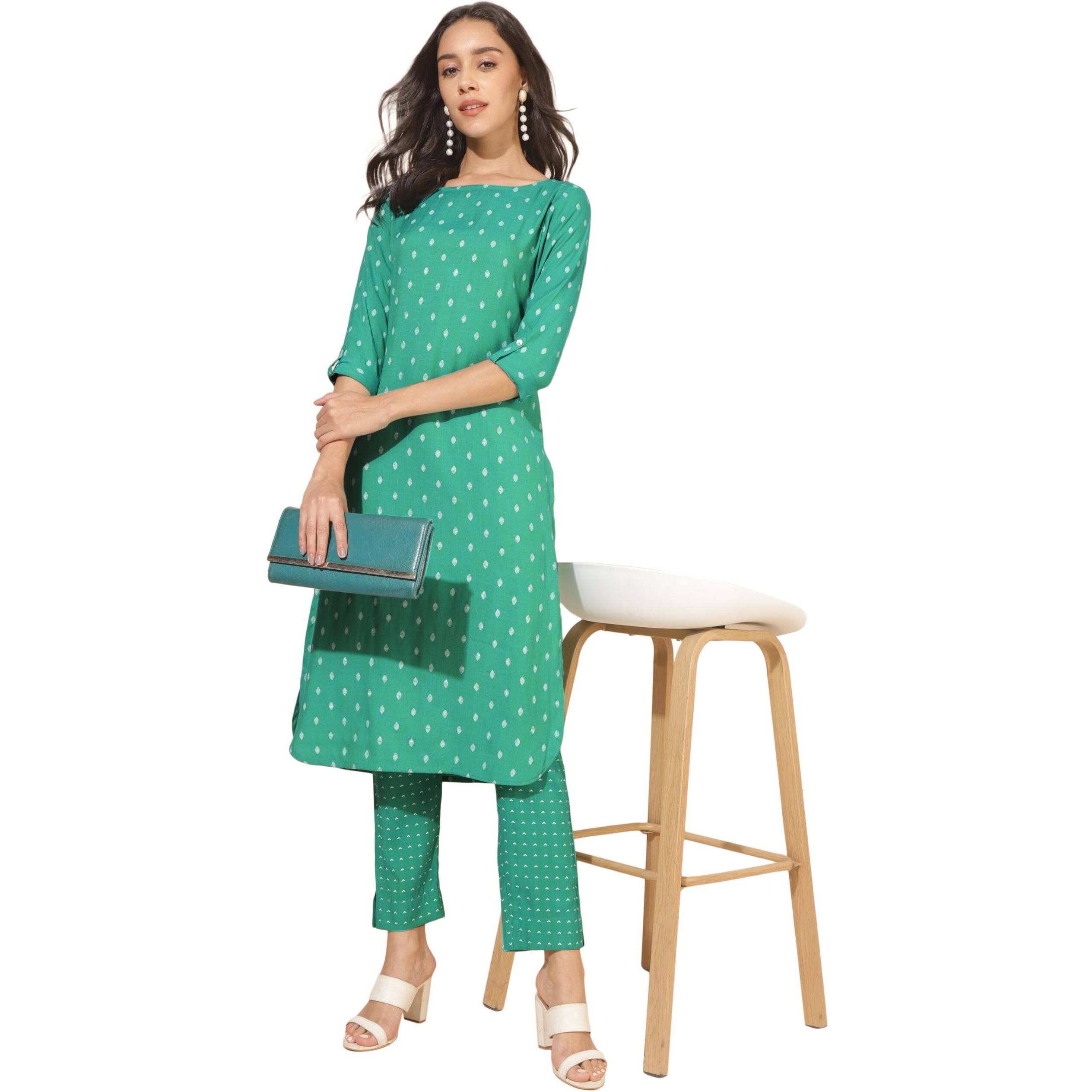 Janasya Women's Sea Green Cotton Geometric Straight Kurta Set(SET900-KR-NP-S)