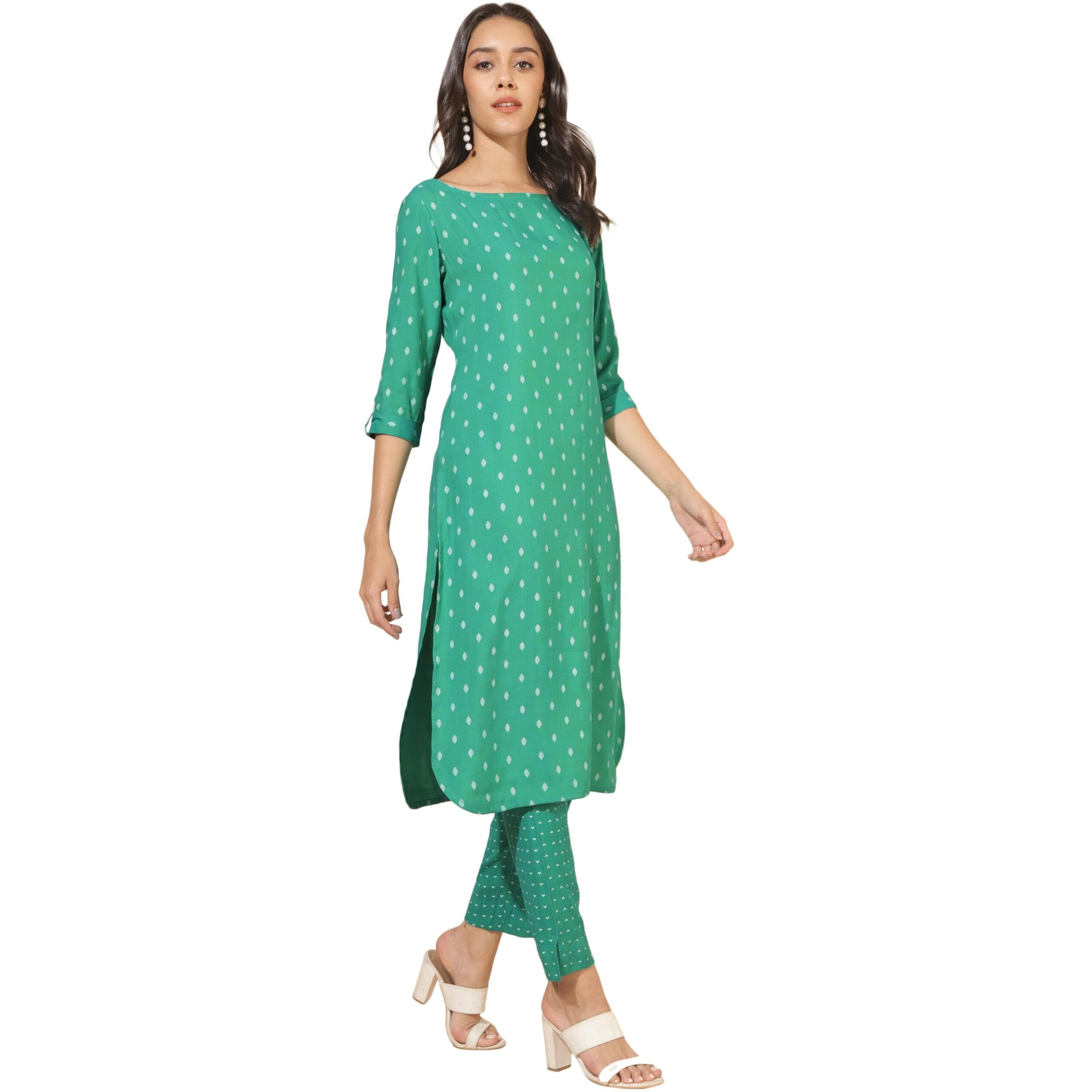 Janasya Women's Sea Green Cotton Geometric Straight Kurta Set(SET900-KR-NP-S)